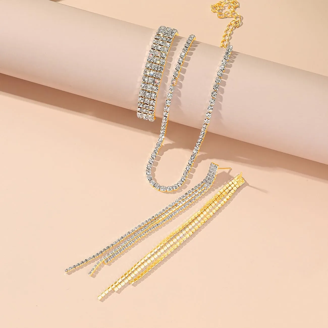 FDEETY Parure Gioielli Sposa in Strass e Cristallo, Collana, Orecchini e Bracciale (Oro) - immagine 6