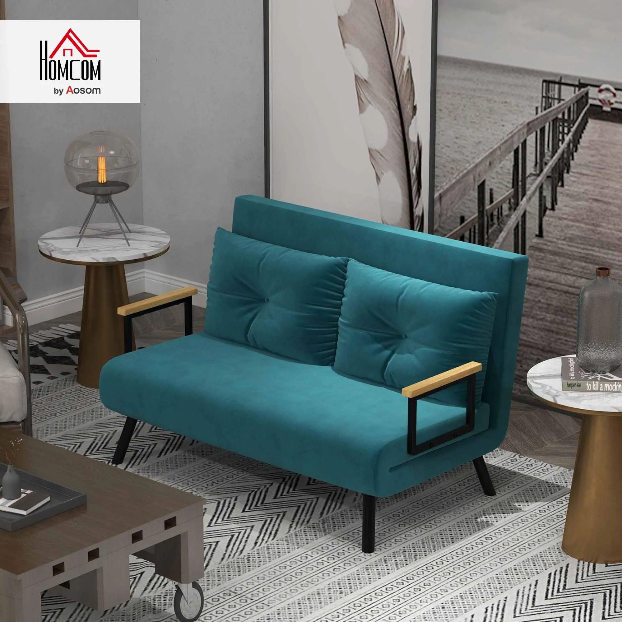 HOMCOM Divano Letto 2 Posti Schienale Regolabile 5 Livelli Blu Scuro - immagine 2