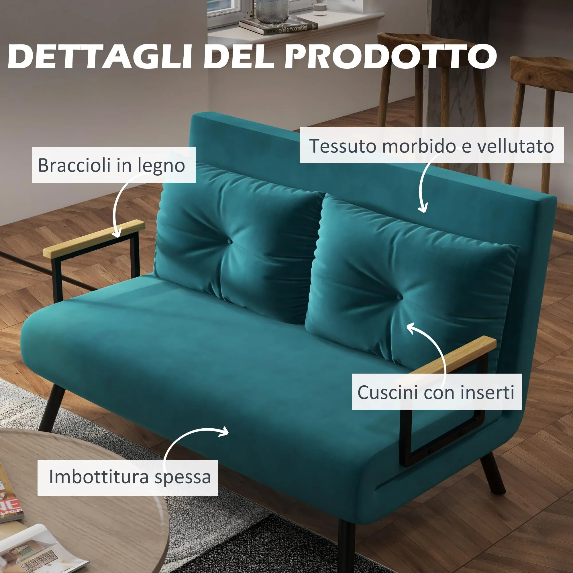 HOMCOM Divano Letto 2 Posti Schienale Regolabile 5 Livelli Blu Scuro - immagine 5