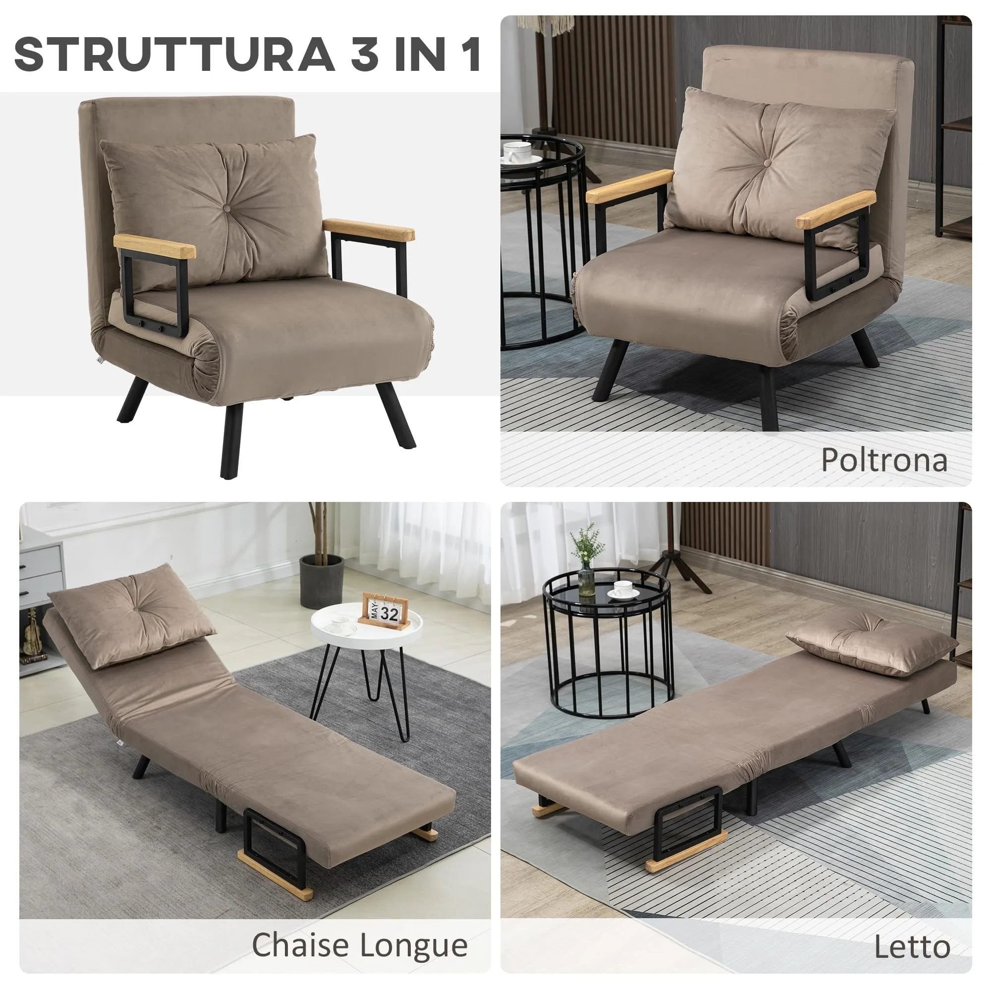 HOMCOM Poltrona Letto Singolo Schienale Regolabile 5 Livelli, Marrone Chiaro - immagine 3