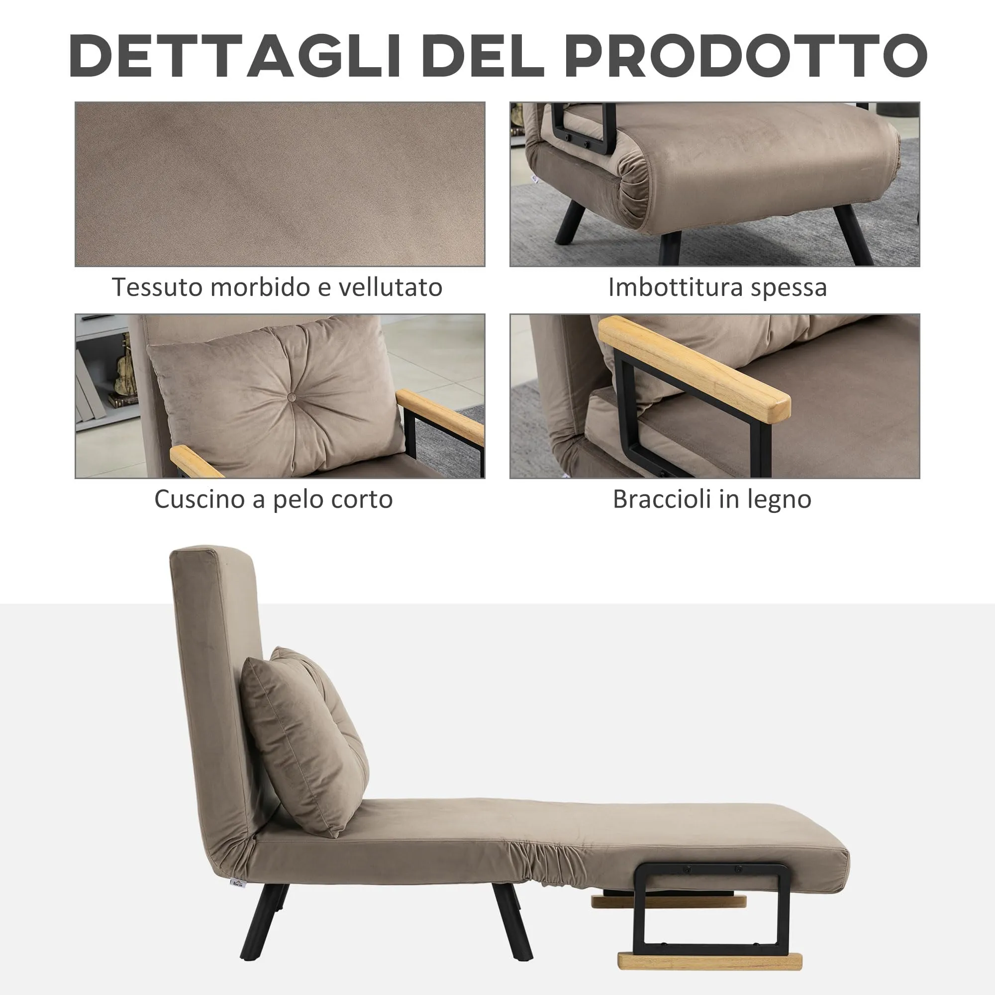 HOMCOM Poltrona Letto Singolo Schienale Regolabile 5 Livelli, Marrone Chiaro - immagine 5
