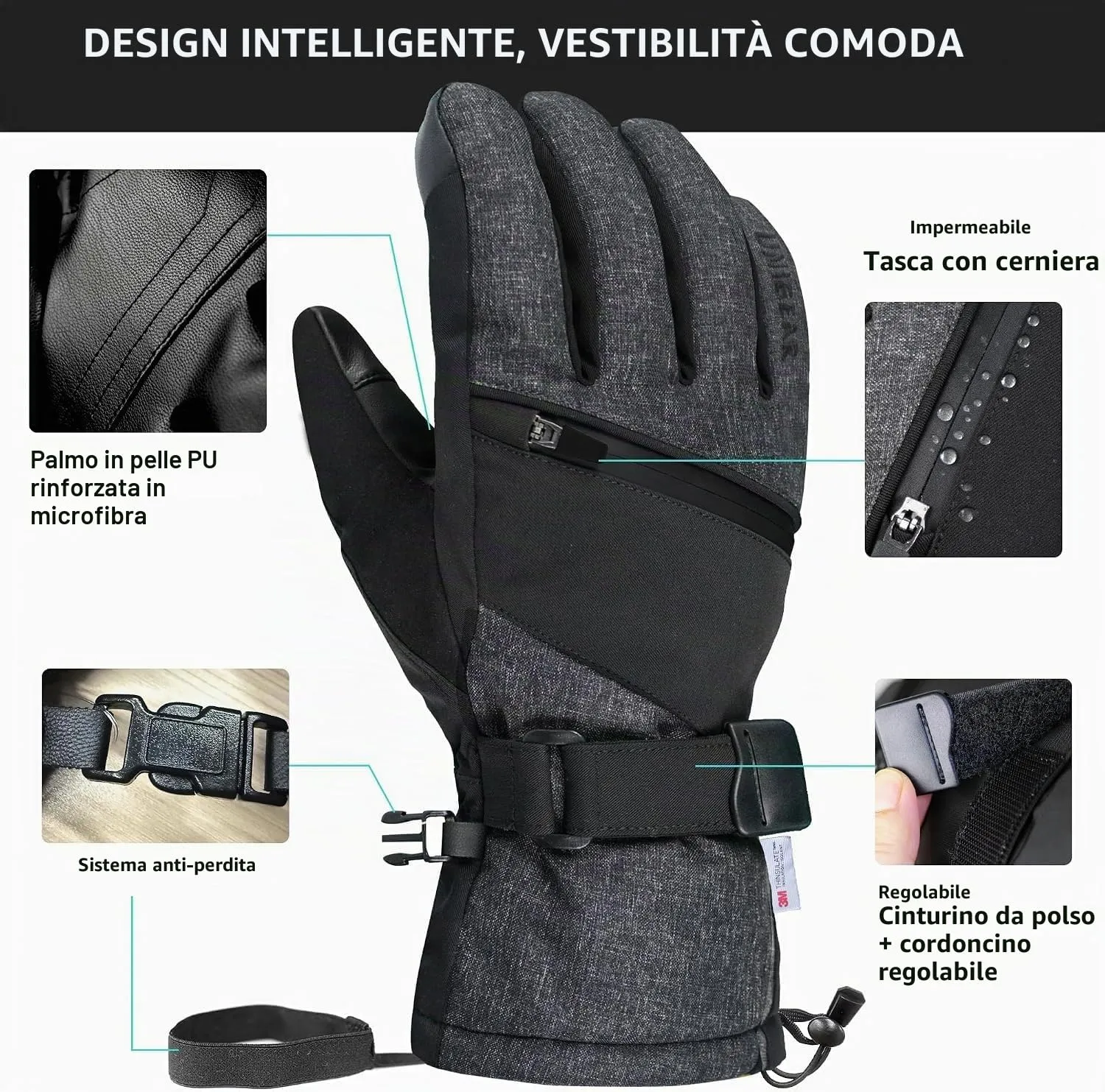 Unigear Guanti Sci e Snowboard Termici Impermeabili Antiscivolo per Uomo e Donna - immagine 5
