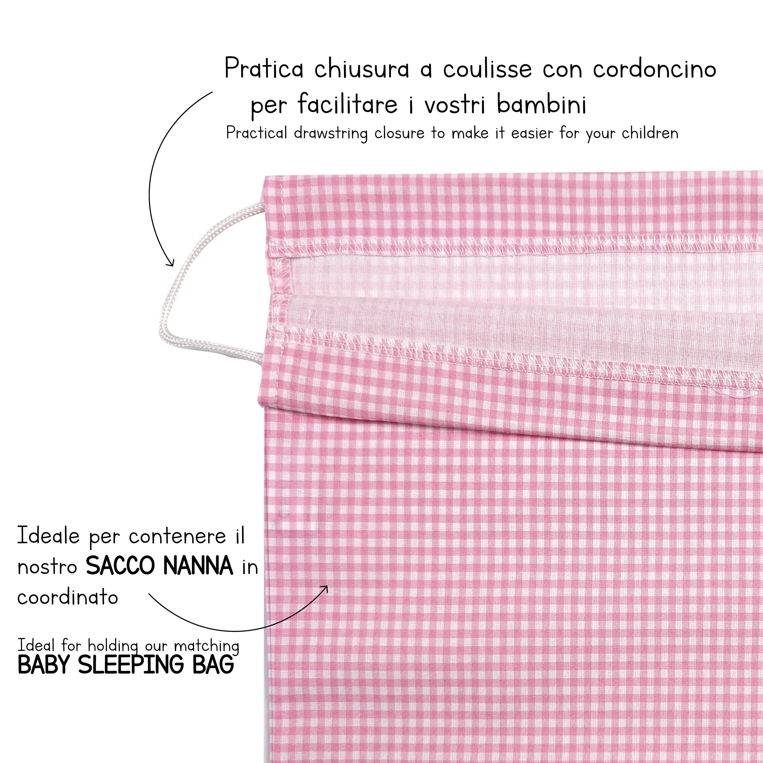 Panini Tessuti Sacchetto per Cambio Asilo Nido in Cotone, 34x44 cm, Fantasia Quadretti Rosa - immagine 5