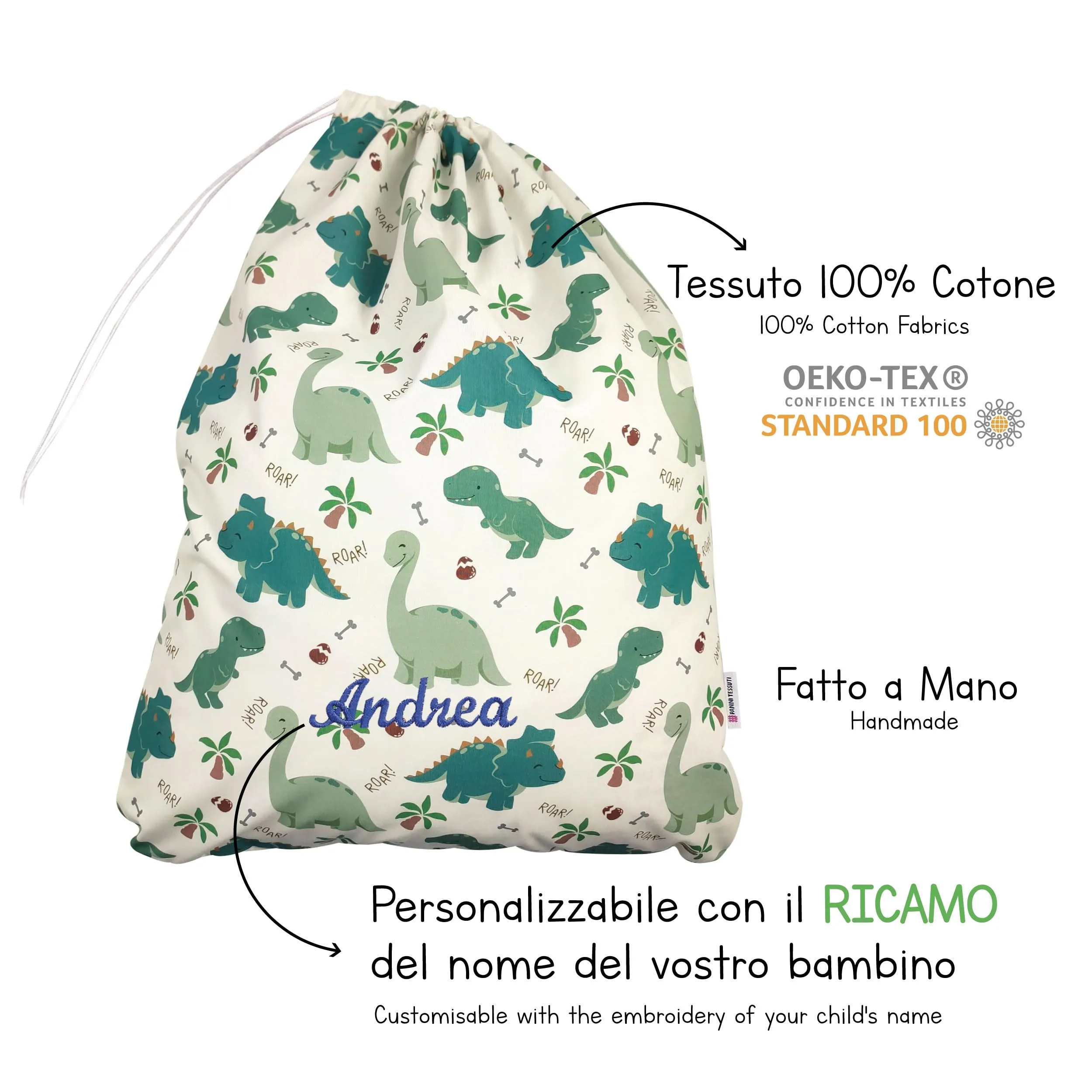 Panini Tessuti Sacchetto per Cambio Asilo Nido in Cotone, 34x44 cm, Fantasia Quadretti Rosa - immagine 6