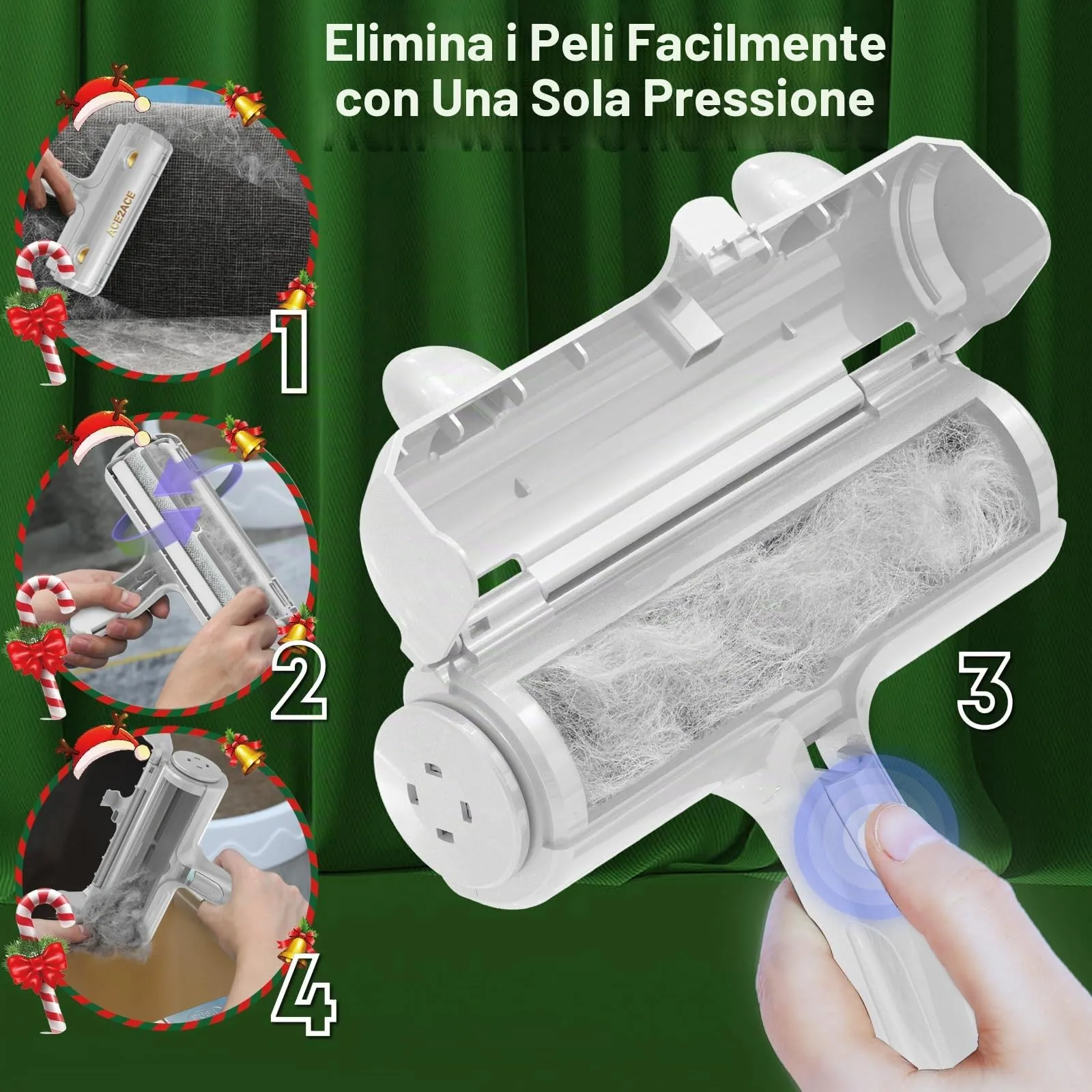 ACE2ACE Spazzola Togli Peli Animali, Edizione Natalizia, Bianco - immagine 5