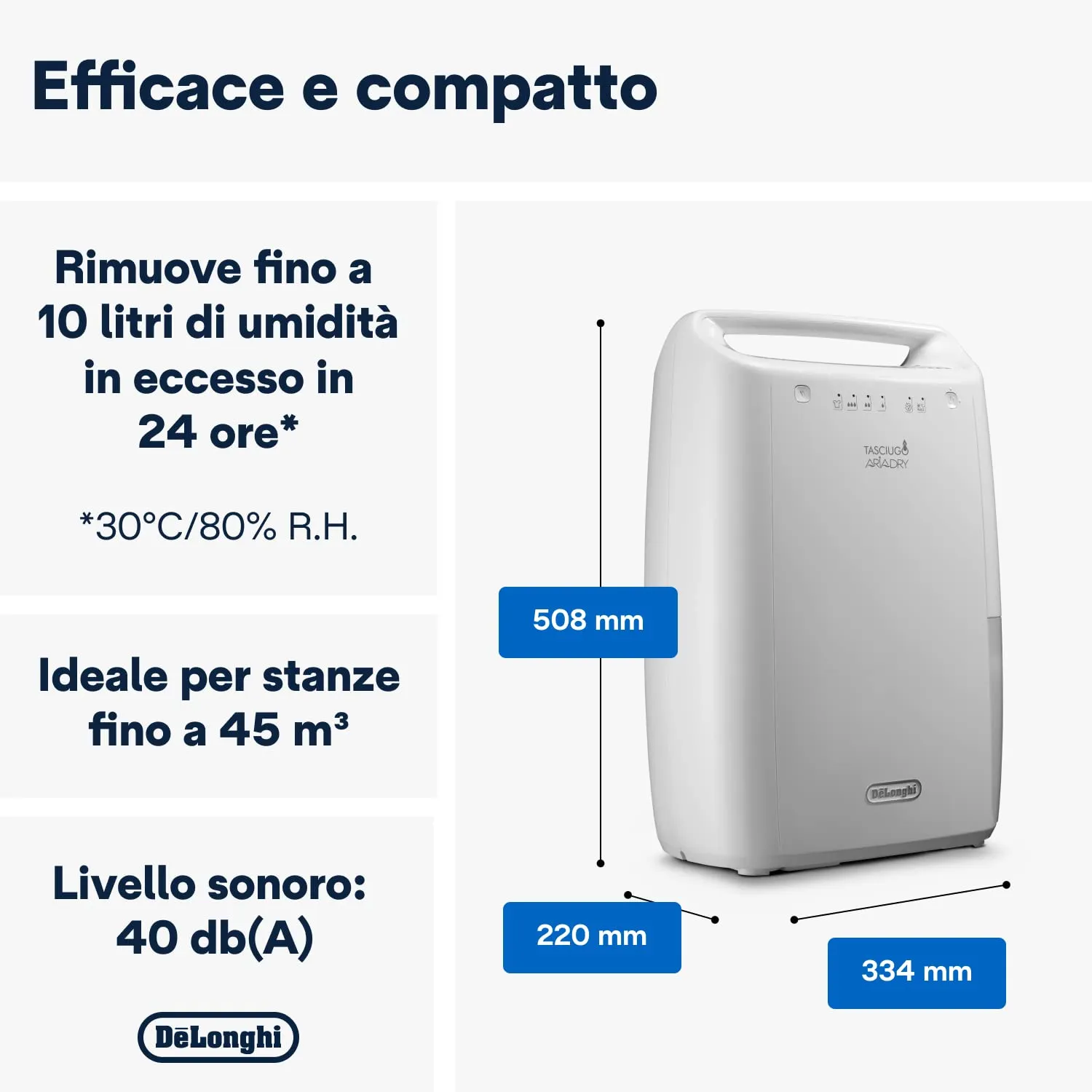 De'Longhi Tasciugo AriaDry Deumidificatore Portatile 10L/Giorno Bianco DEX210SF - immagine 3
