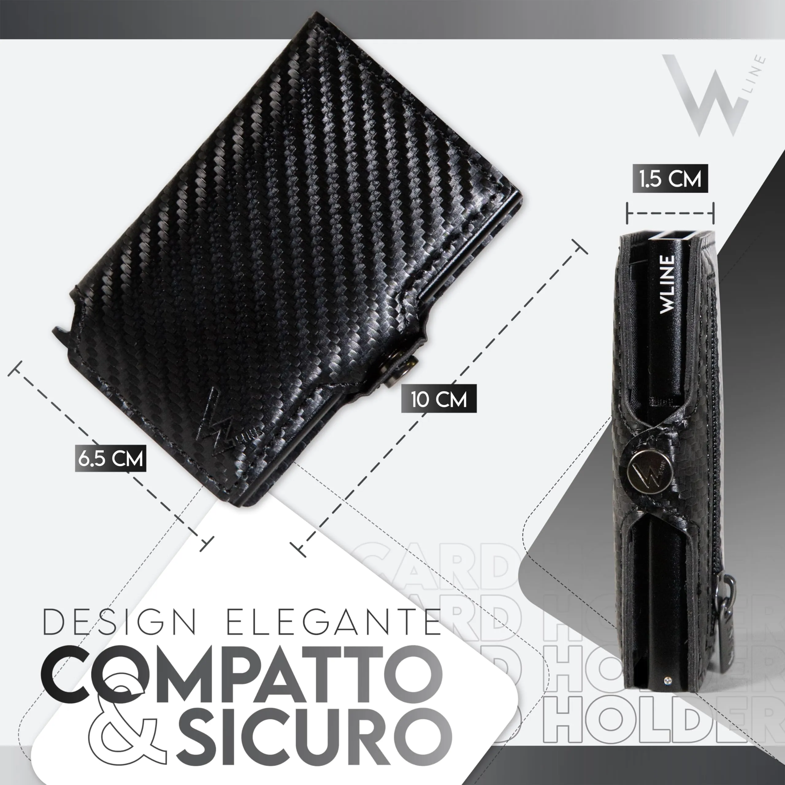 WLine Portafoglio Slim RFID in Fibra di Carbonio con Zip - Nero Carbon - immagine 2