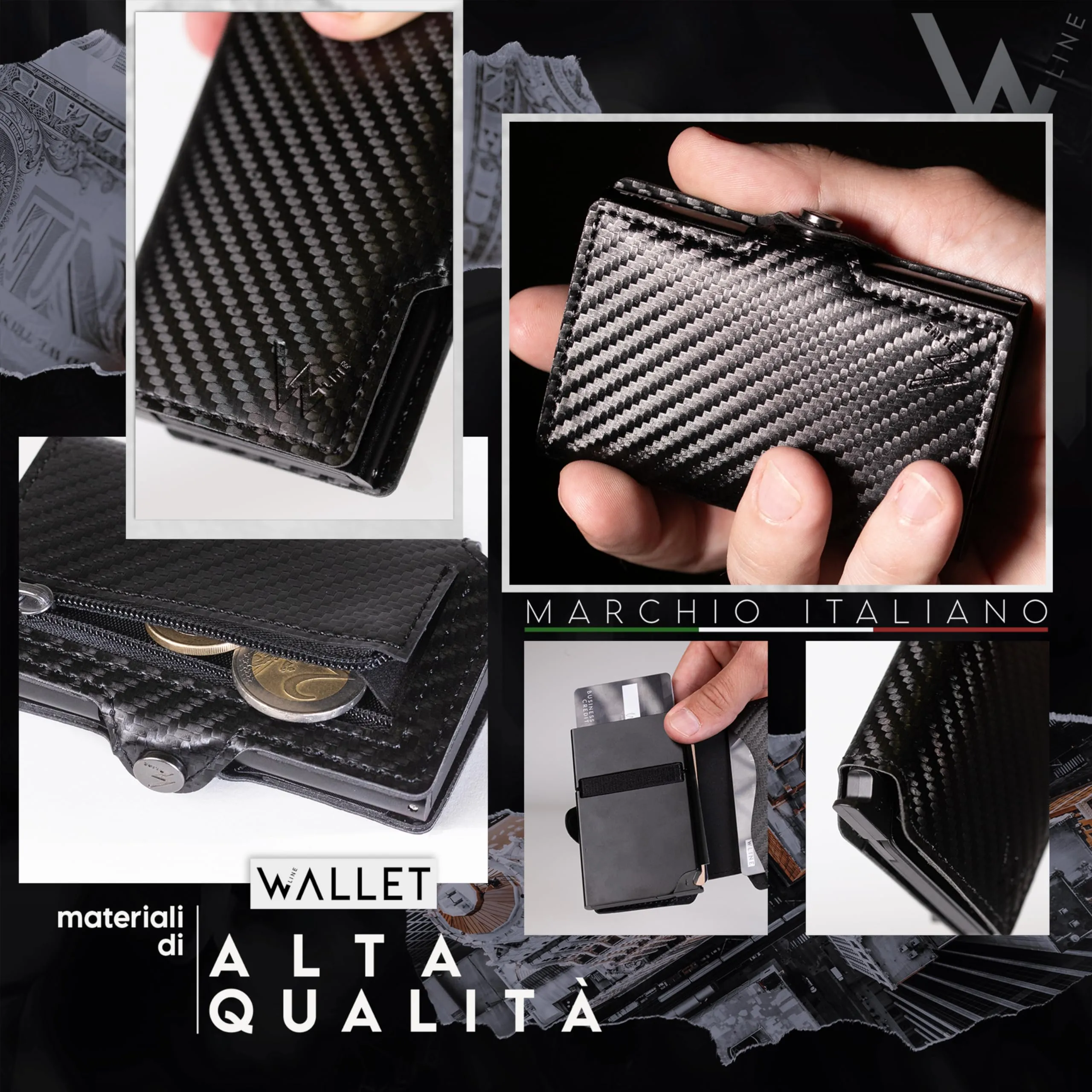 WLine Portafoglio Slim RFID in Fibra di Carbonio con Zip - Nero Carbon - immagine 3