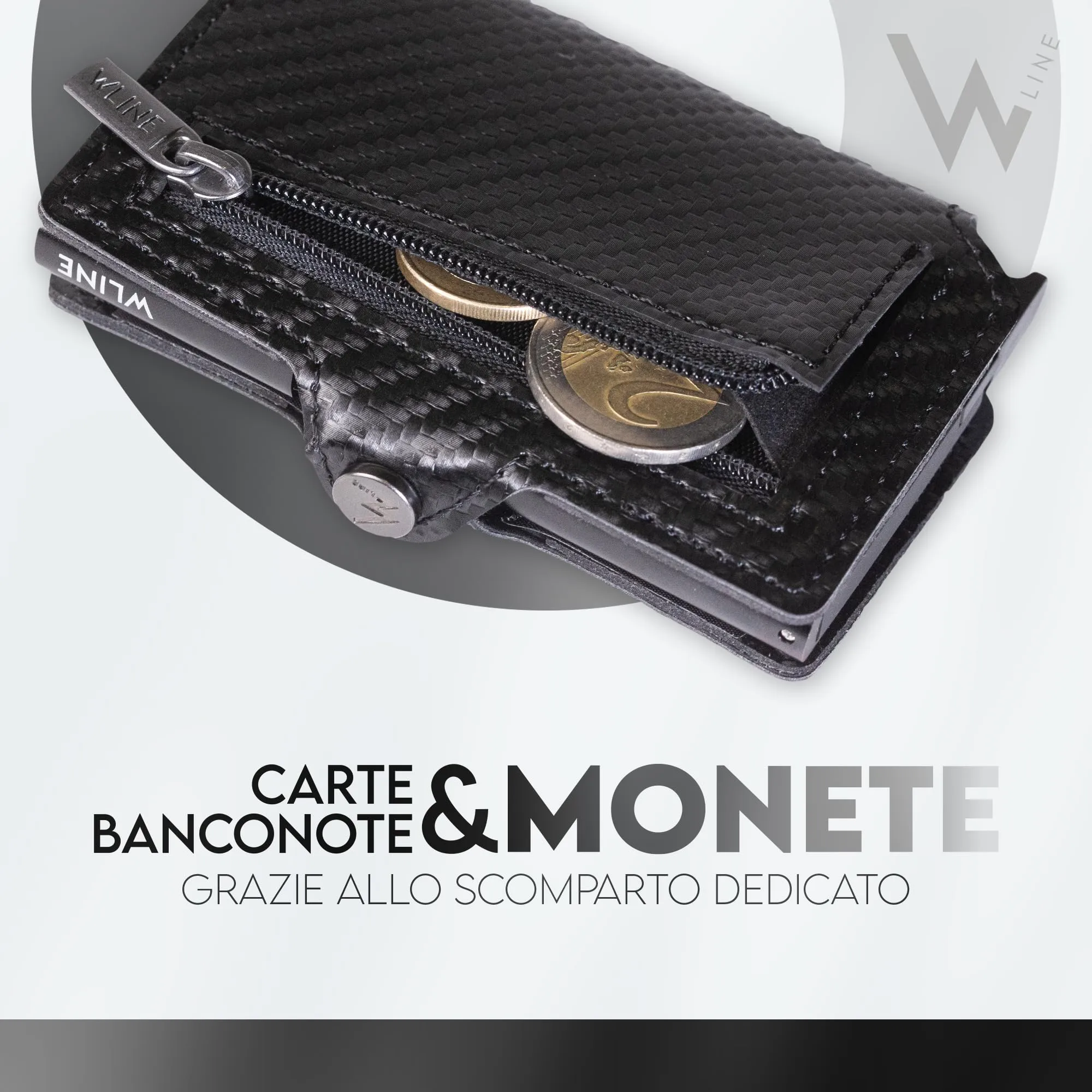 WLine Portafoglio Slim RFID in Fibra di Carbonio con Zip - Nero Carbon - immagine 4
