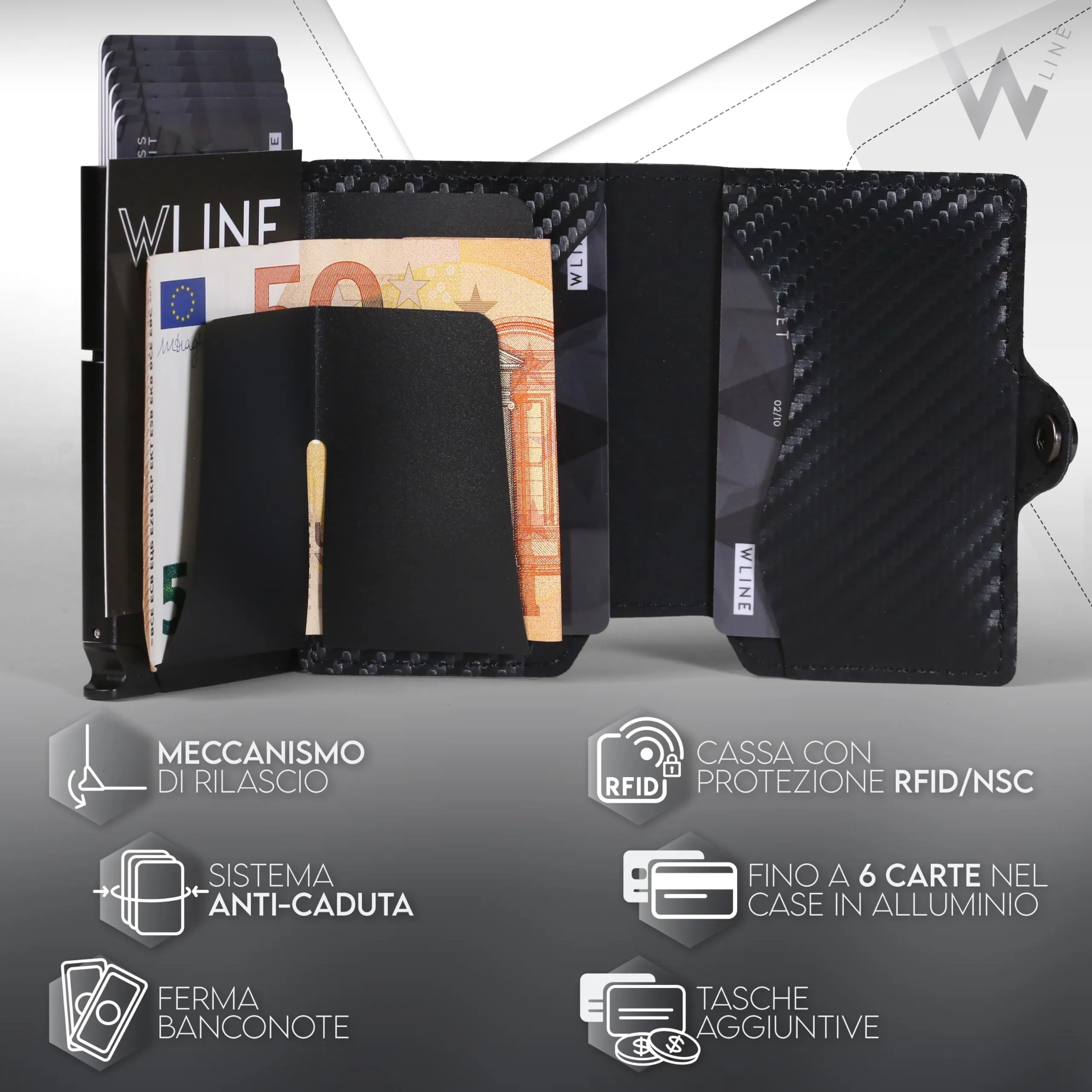 WLine Portafoglio Slim RFID in Fibra di Carbonio con Zip - Nero Carbon - immagine 5
