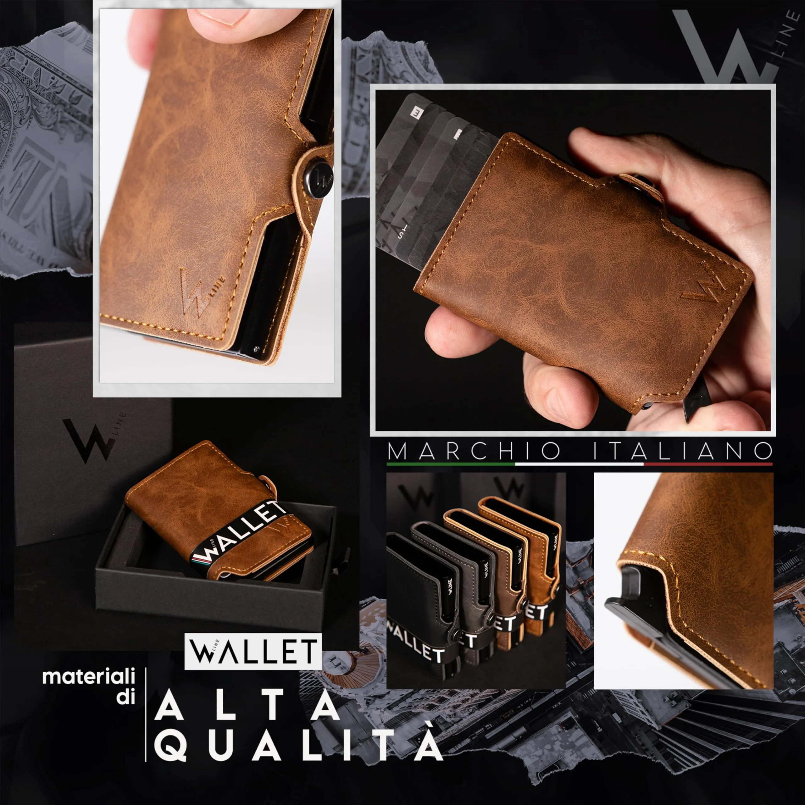WLine Portafoglio Slim RFID in Pelle PU per Uomo e Donna - Marrone Chiaro Vintage senza Zip - immagine 3