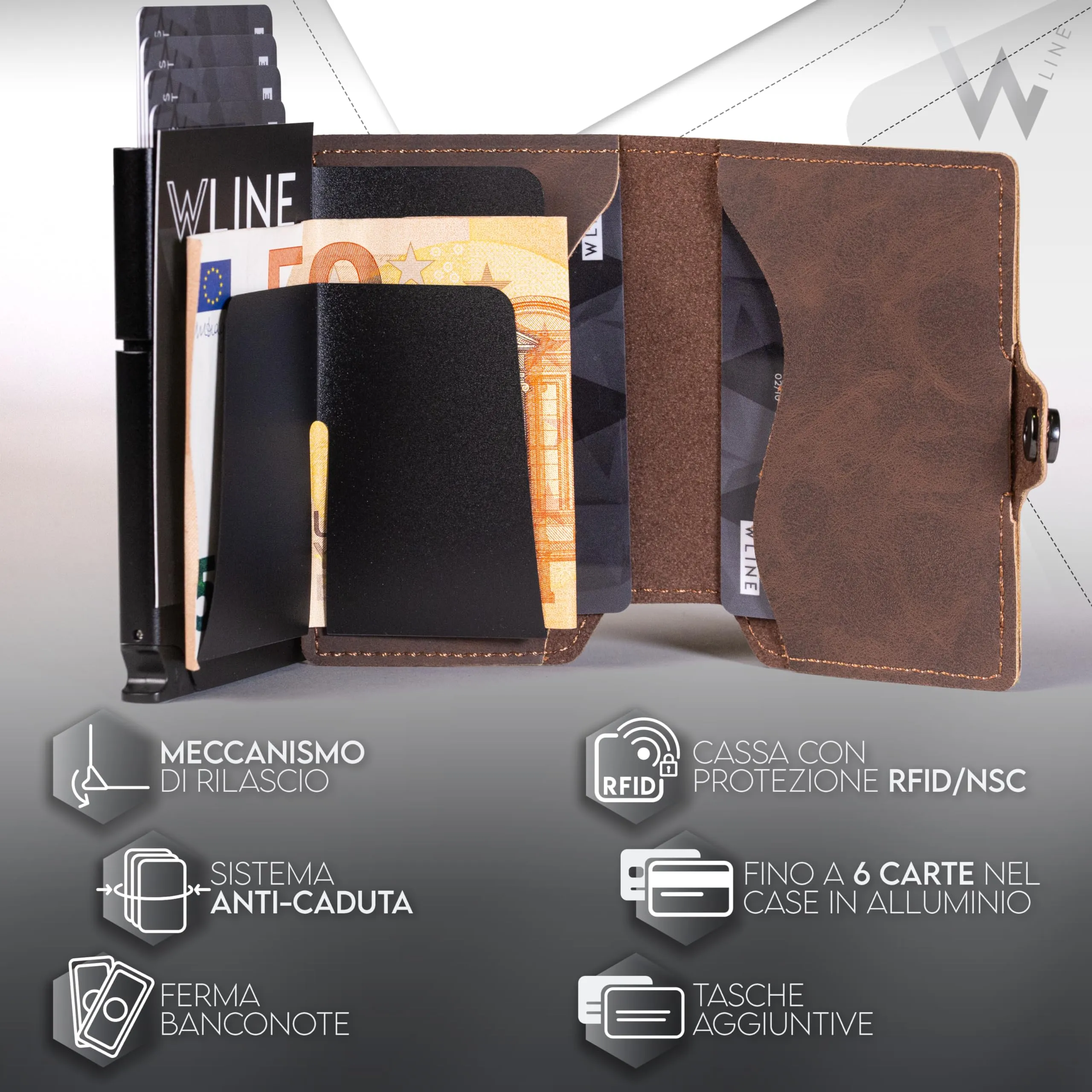 WLine Portafoglio Slim Rfid in Pelle PU Marrone Scuro Vintage senza Zip - immagine 4