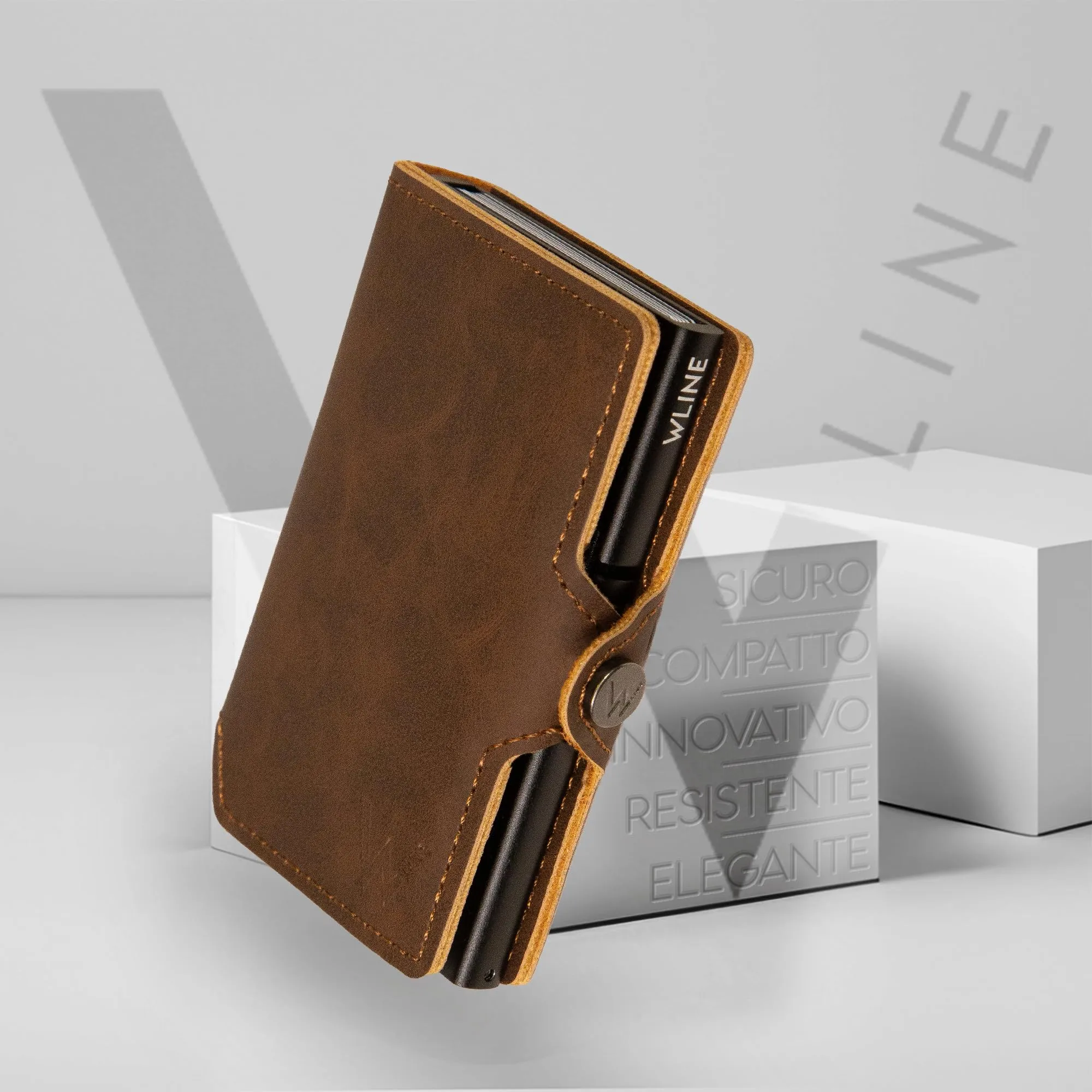 WLine Portafoglio Slim Rfid in Pelle PU Marrone Scuro Vintage senza Zip - immagine 6