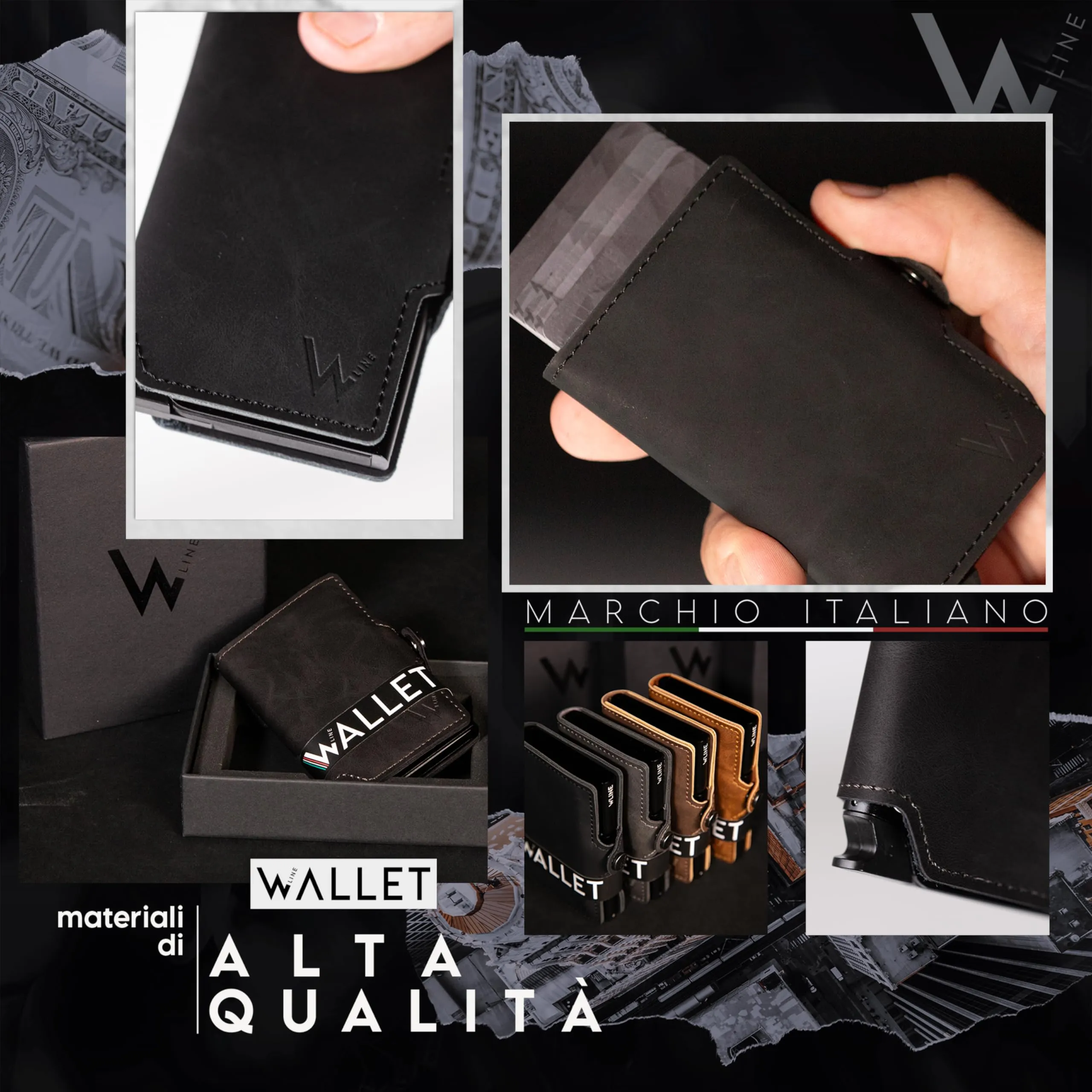 WLine Porta Carte di Credito in Pelle PU Slim RFID Nero Vintage senza Zip - immagine 3