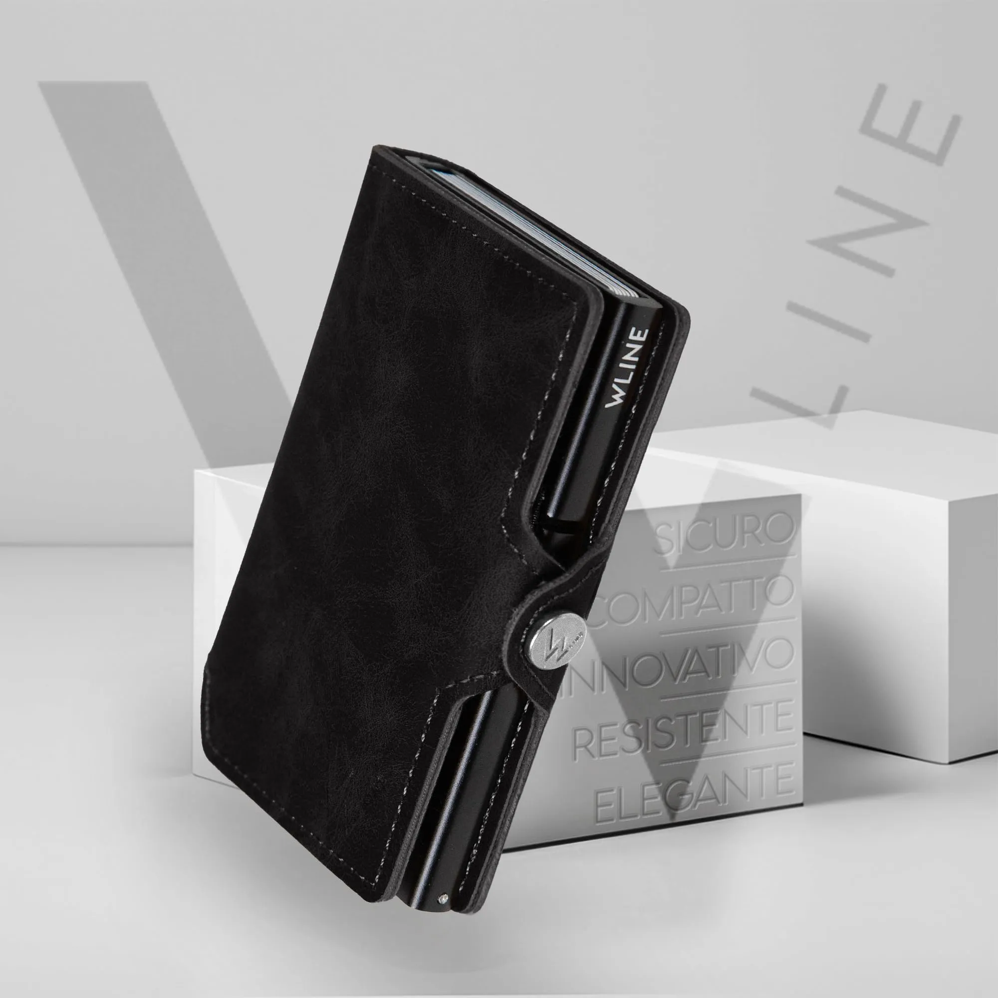 WLine Porta Carte di Credito in Pelle PU Slim RFID Nero Vintage senza Zip - immagine 6