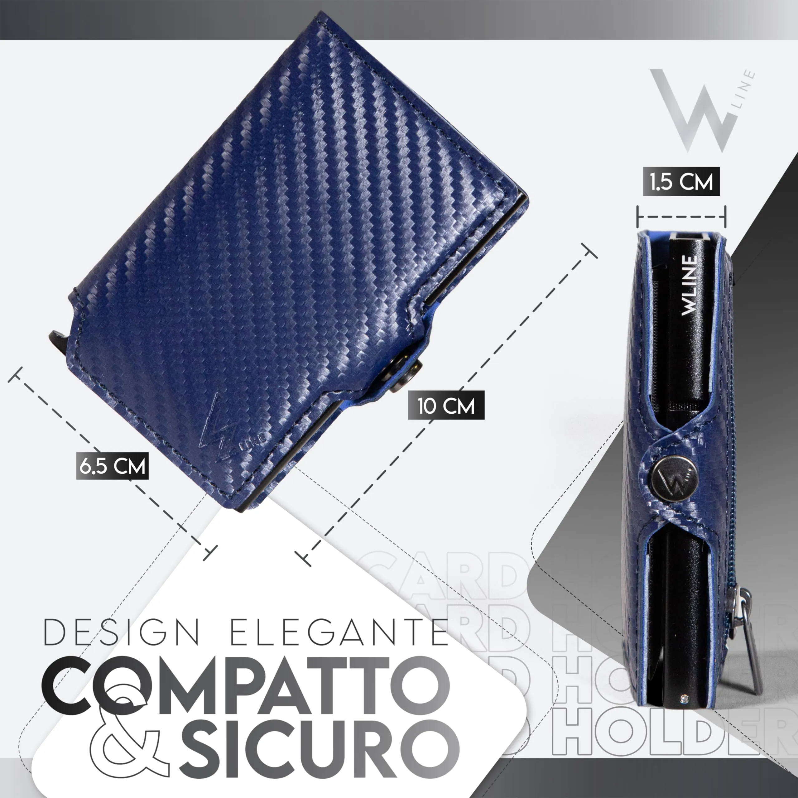WLine Portafoglio Slim RFID in Fibra di Carbonio con Zip - Blu Carbon - immagine 2