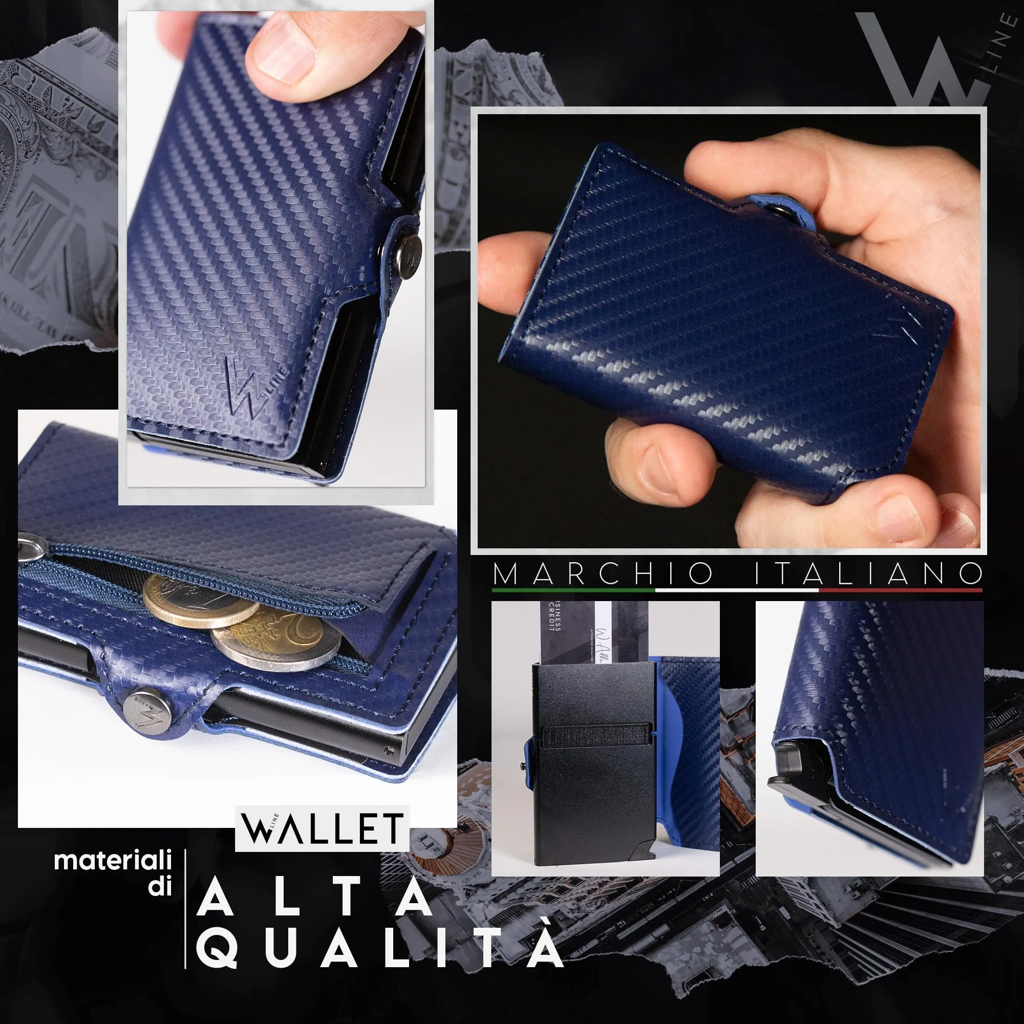 WLine Portafoglio Slim RFID in Fibra di Carbonio con Zip - Blu Carbon - immagine 3