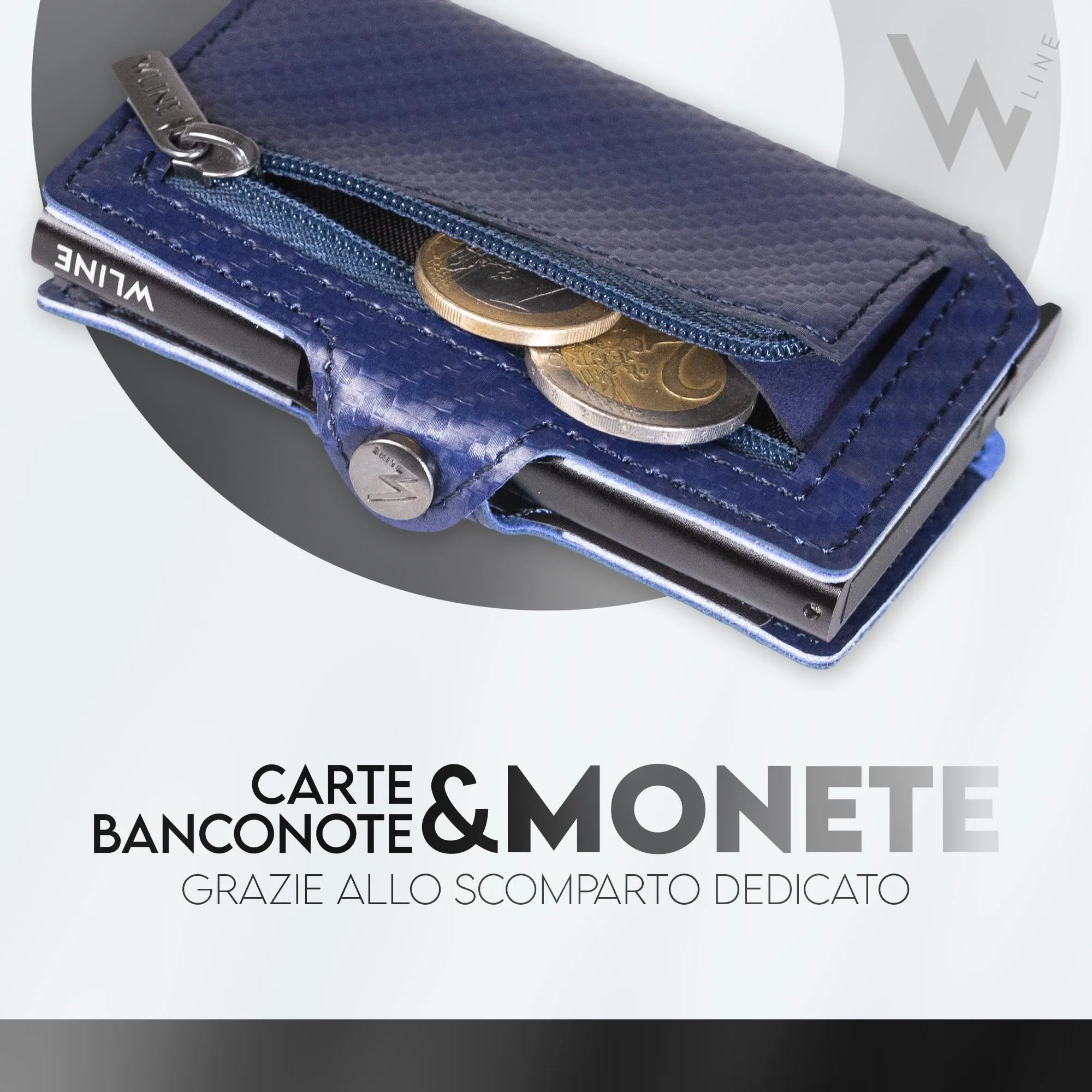 WLine Portafoglio Slim RFID in Fibra di Carbonio con Zip - Blu Carbon - immagine 4