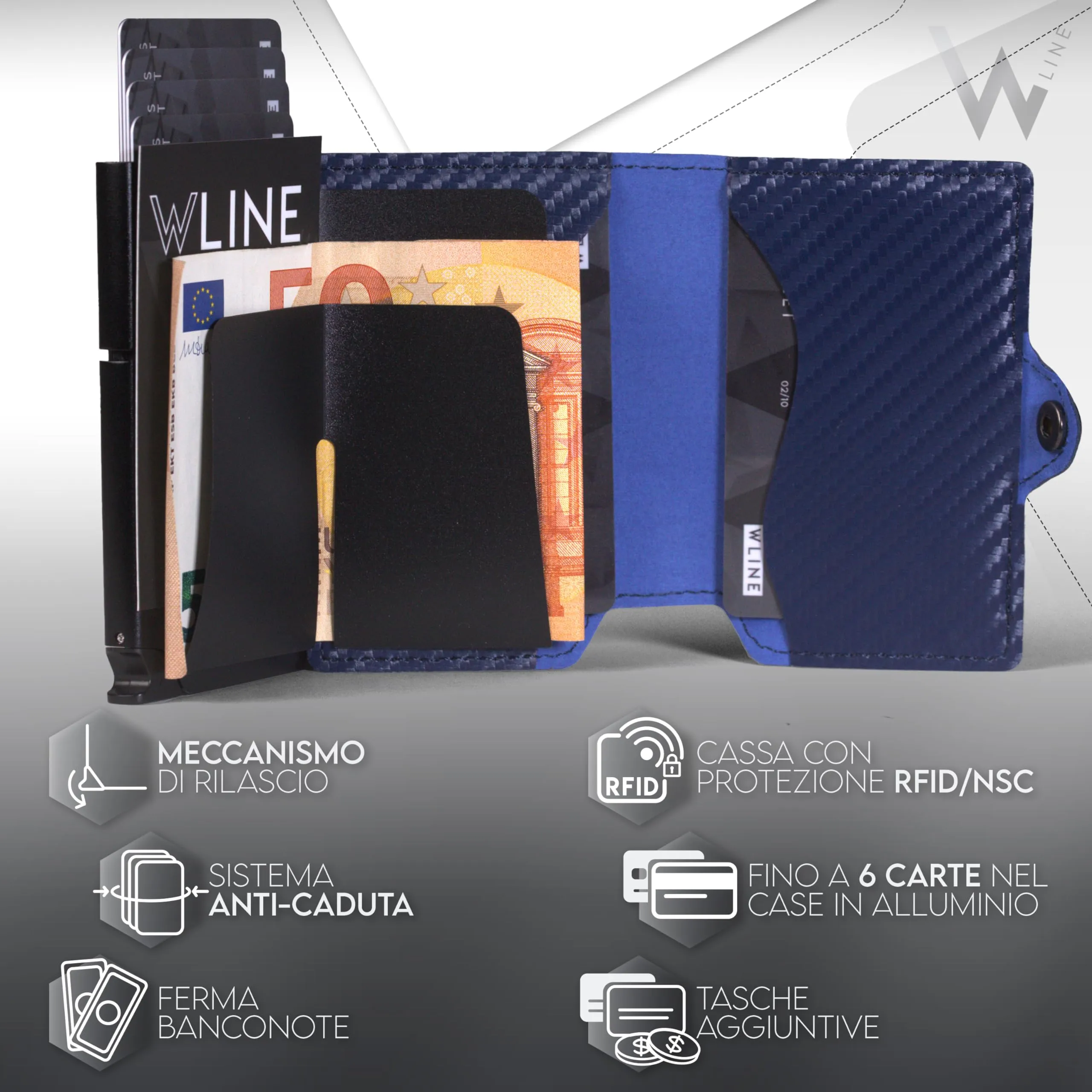 WLine Portafoglio Slim RFID in Fibra di Carbonio con Zip - Blu Carbon - immagine 5