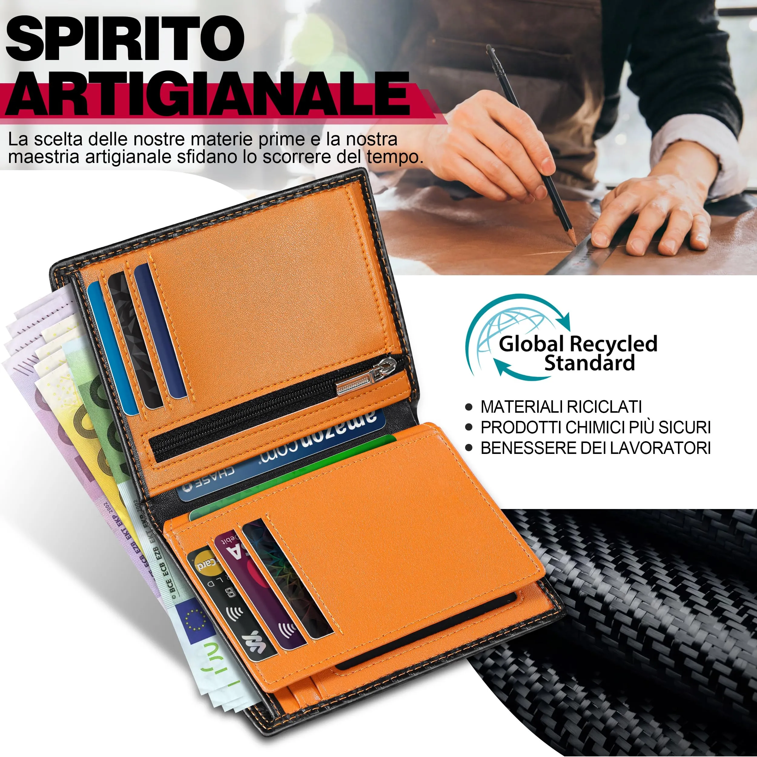 TEEHON Portafoglio Uomo in Pelle Carbonio con Blocco RFID - Nero - immagine 5