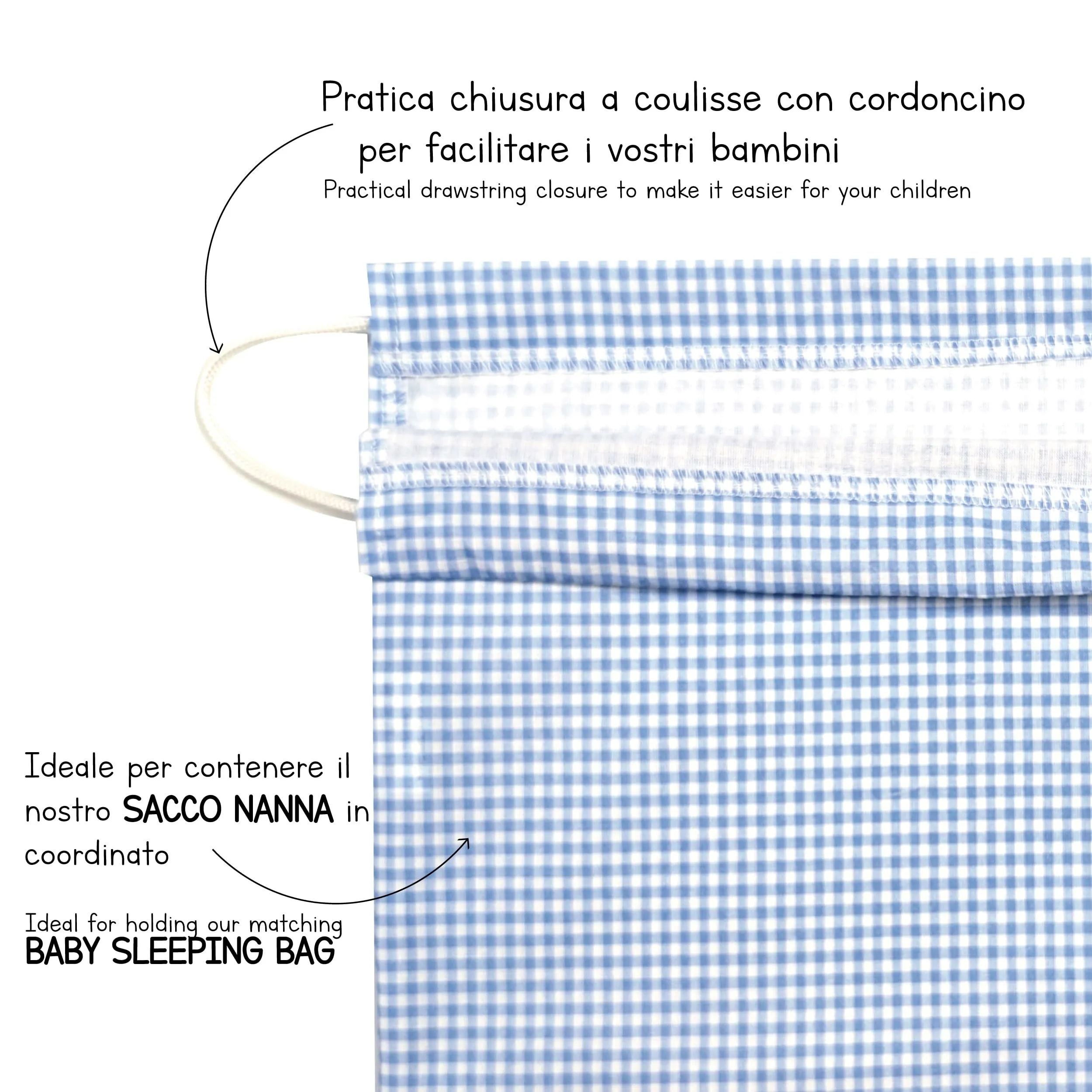 Panini Tessuti Sacchetto per Cambio Asilo Nido in Cotone 34x44 cm, Quadretti Azzurri - immagine 5