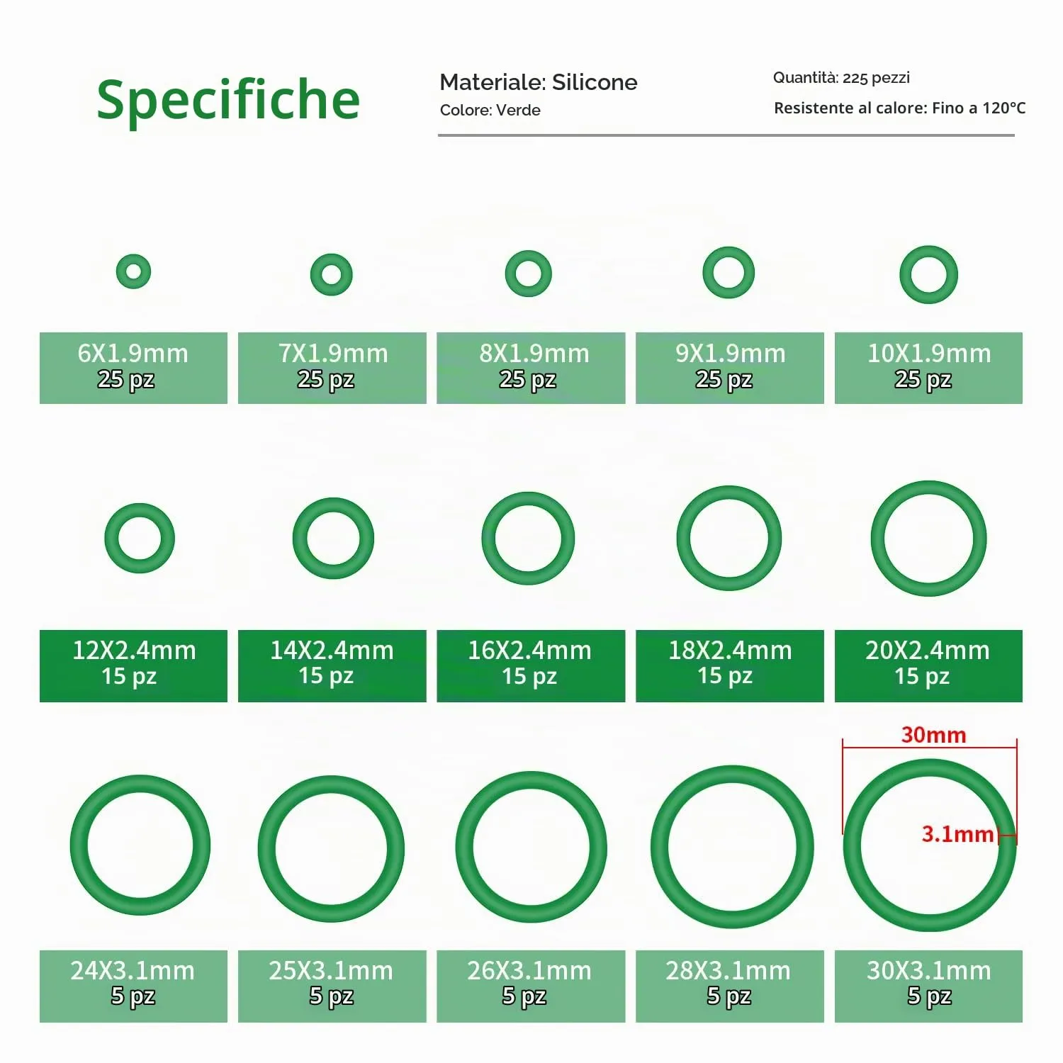 YIXISI Kit Assortimento O-ring in Silicone, 225 Pezzi, 15 Misure, Verde - immagine 2