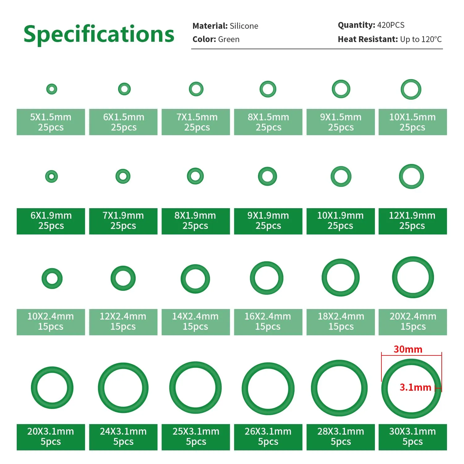YIXISI Kit Assortimento O-ring in Silicone, 420 Pezzi, 24 Misure, Verde - immagine 2