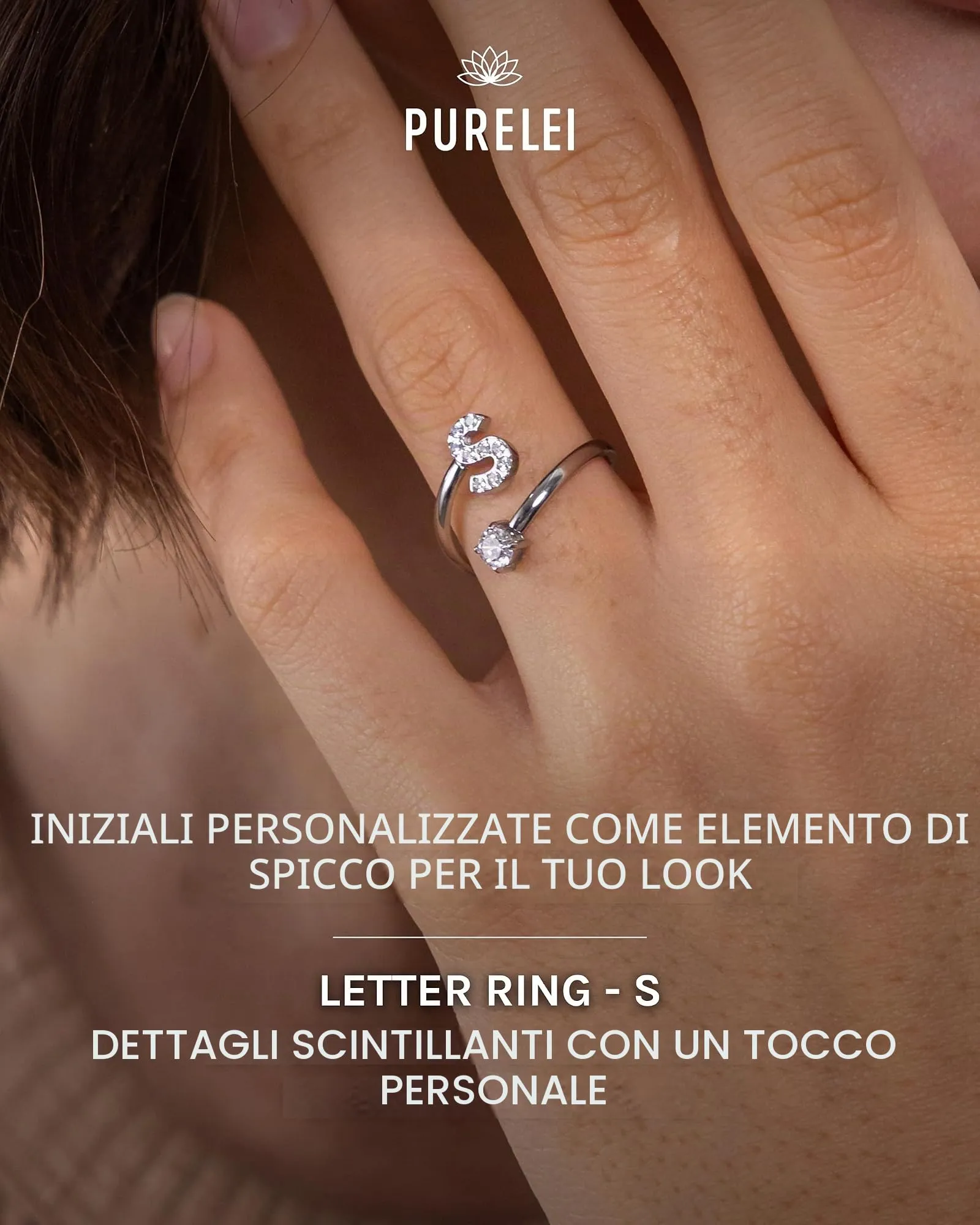Purelei Anello con lettere in acciaio inox, regolabile (50-60), argento - immagine 2