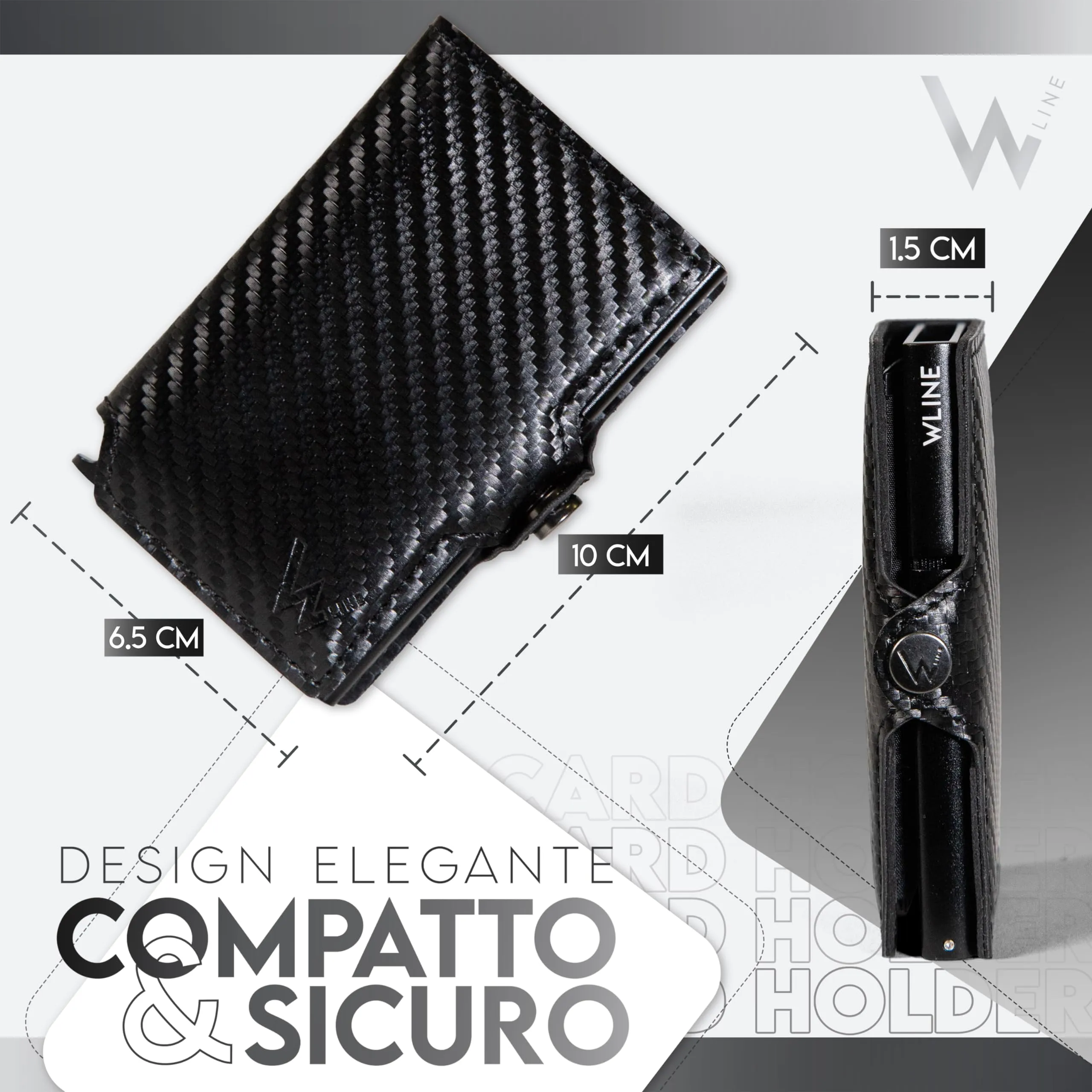 WLine Portafoglio Slim RFID in Fibra di Carbonio per Uomo e Donna, Nero Carbon senza Zip - immagine 2