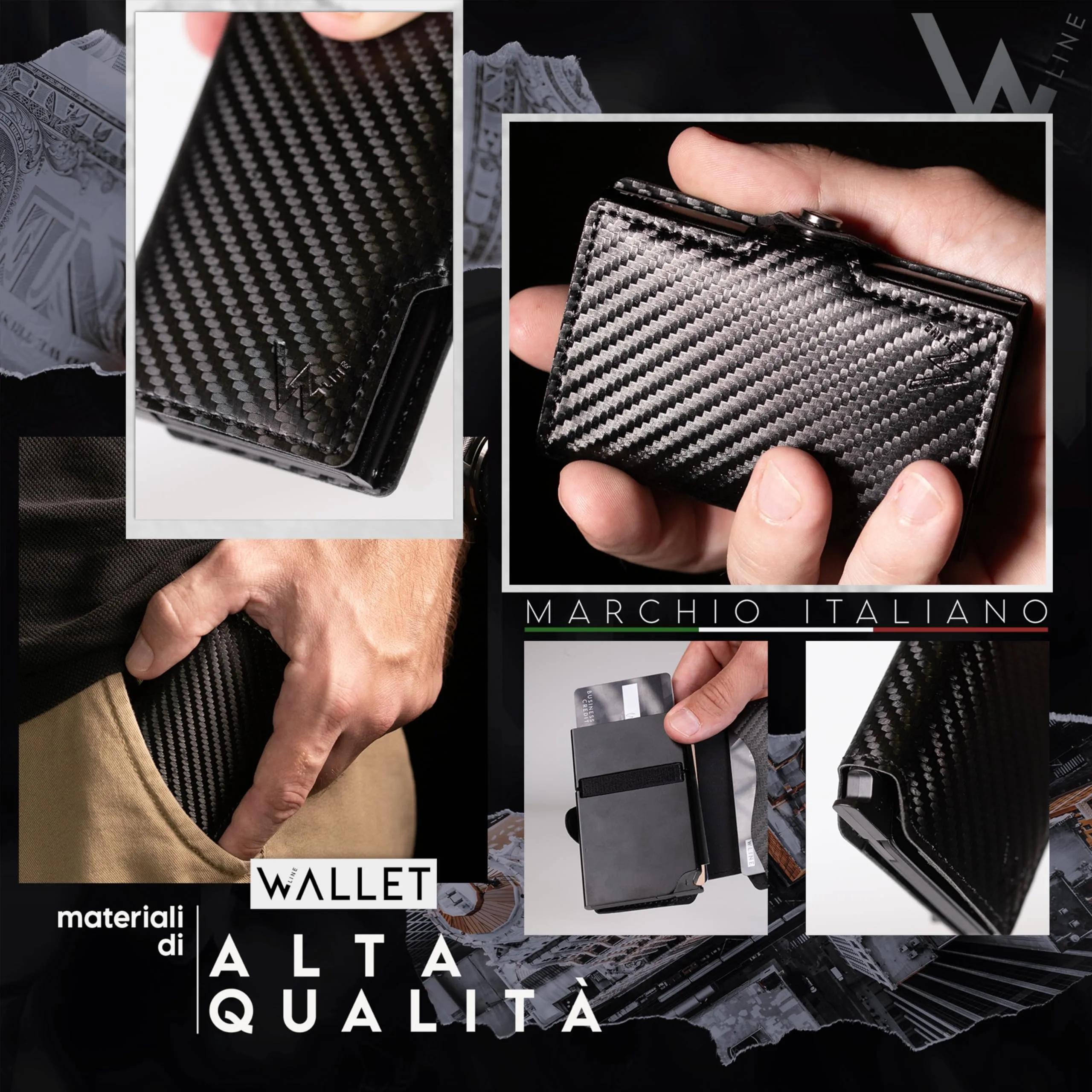 WLine Portafoglio Slim RFID in Fibra di Carbonio per Uomo e Donna, Nero Carbon senza Zip - immagine 3