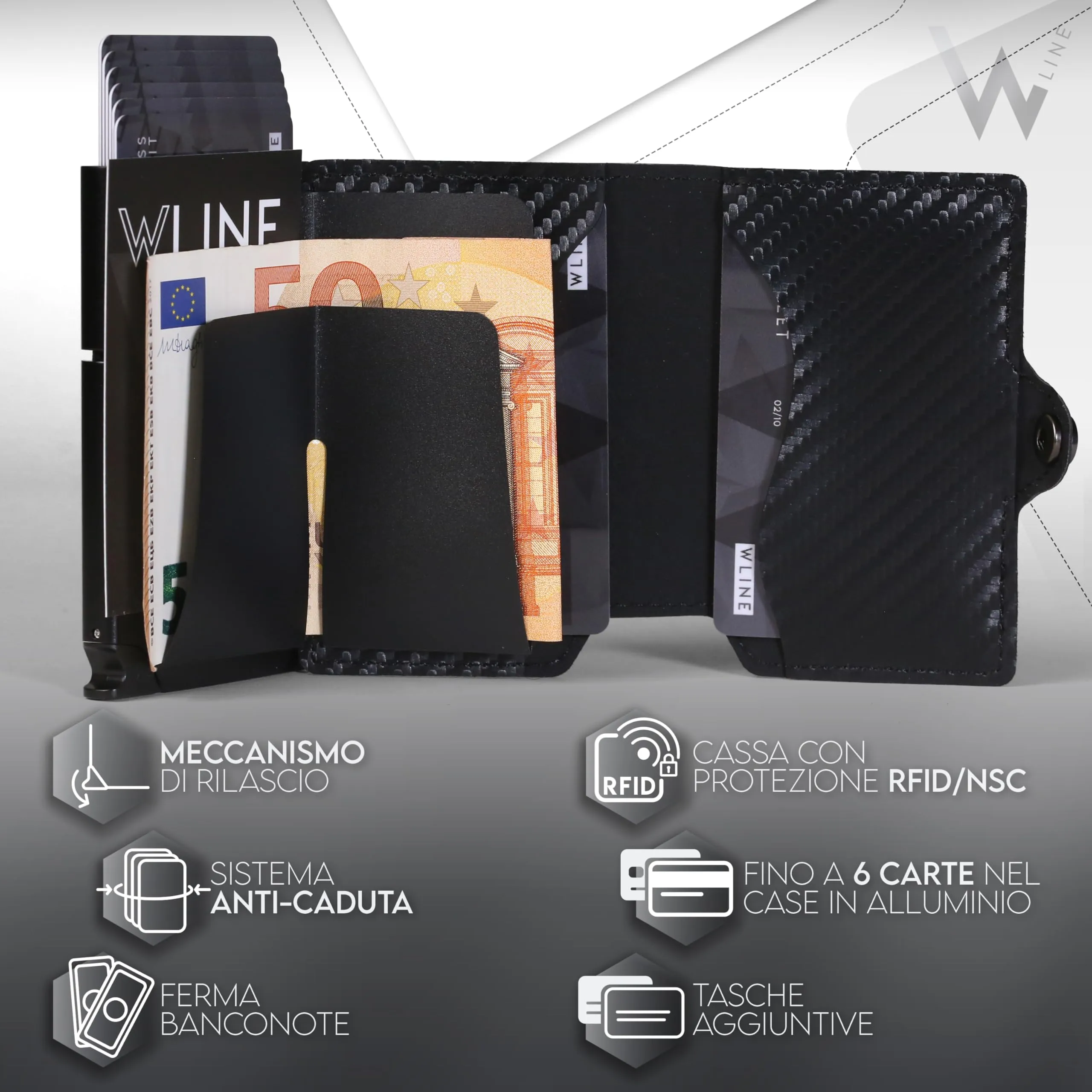 WLine Portafoglio Slim RFID in Fibra di Carbonio per Uomo e Donna, Nero Carbon senza Zip - immagine 4