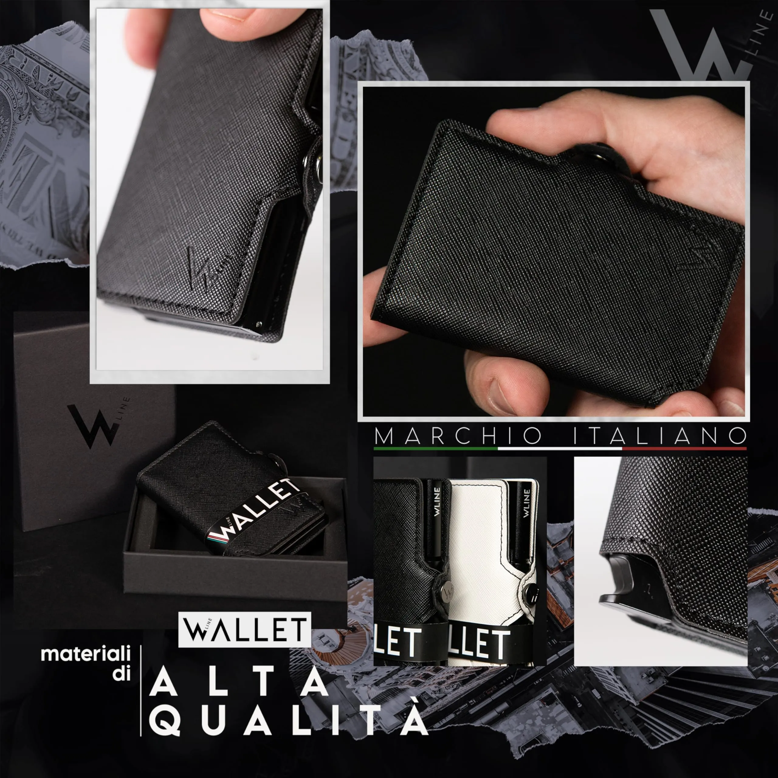 WLine Portacarte Slim RFID in Pelle PU Saffiano - Nero Saffiano senza Zip - immagine 3