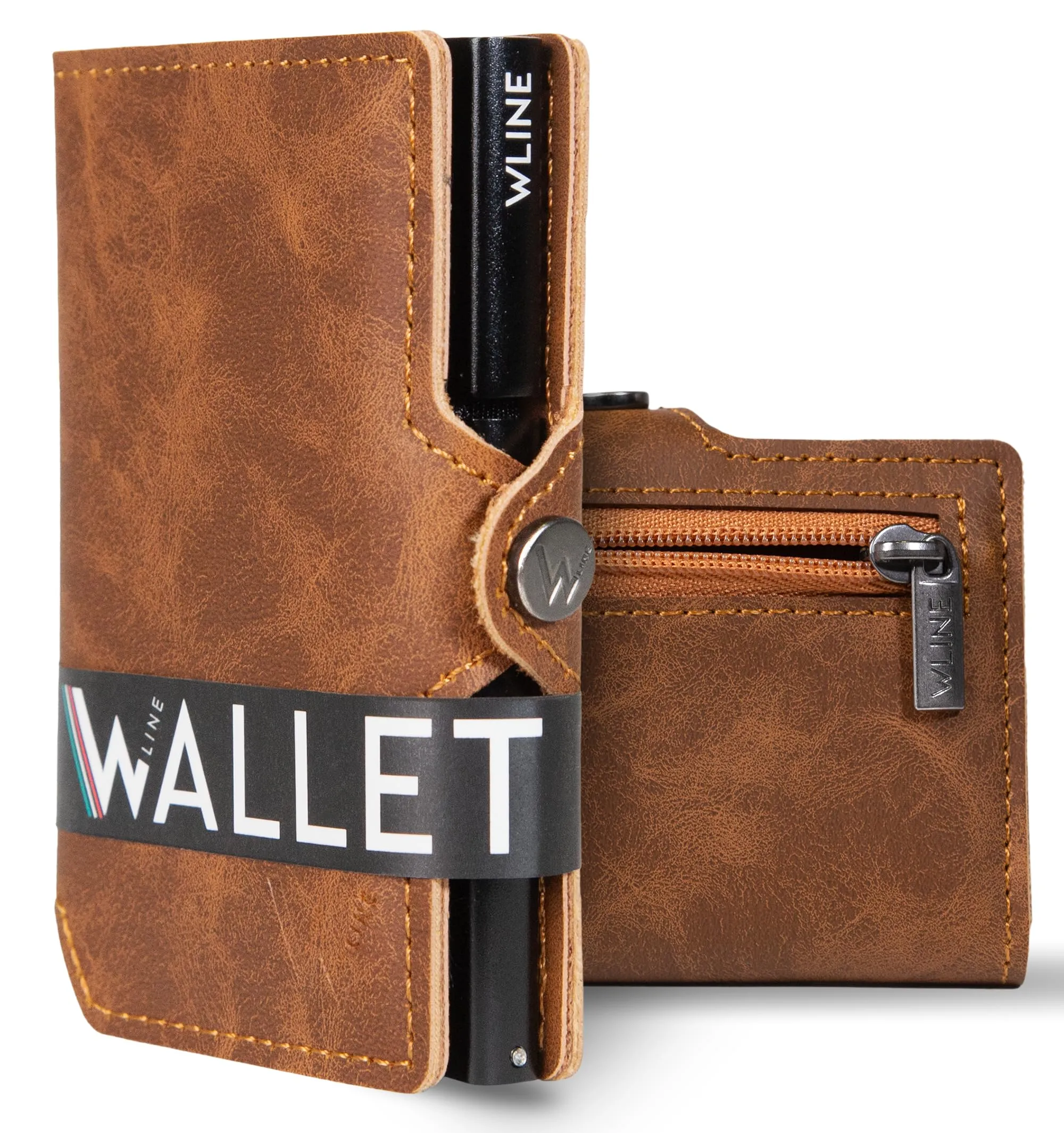 WLine Portafoglio Slim RFID in Pelle PU con Zip, Marrone Chiaro Vintage - immagine 1
