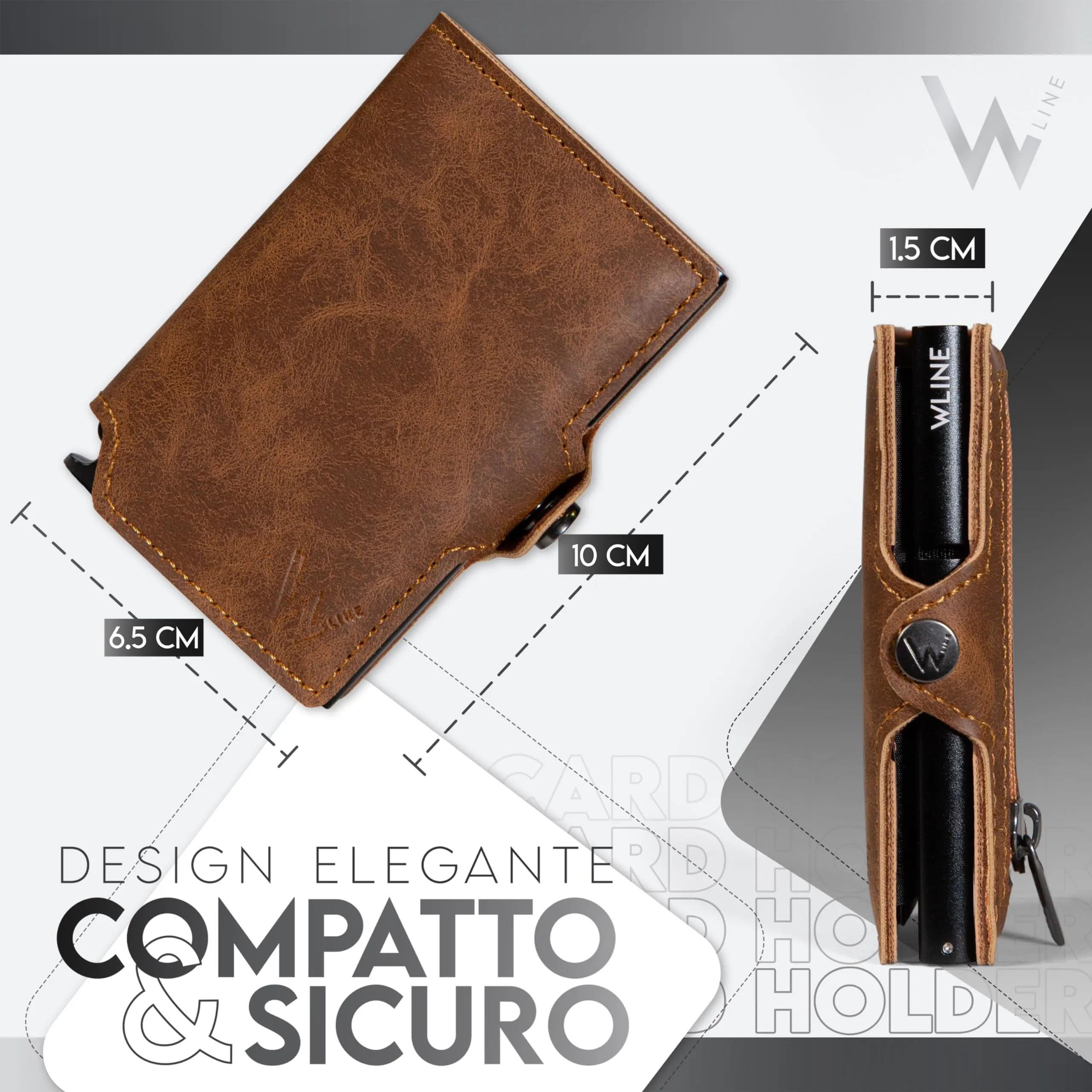 WLine Portafoglio Slim RFID in Pelle PU con Zip, Marrone Chiaro Vintage - immagine 2