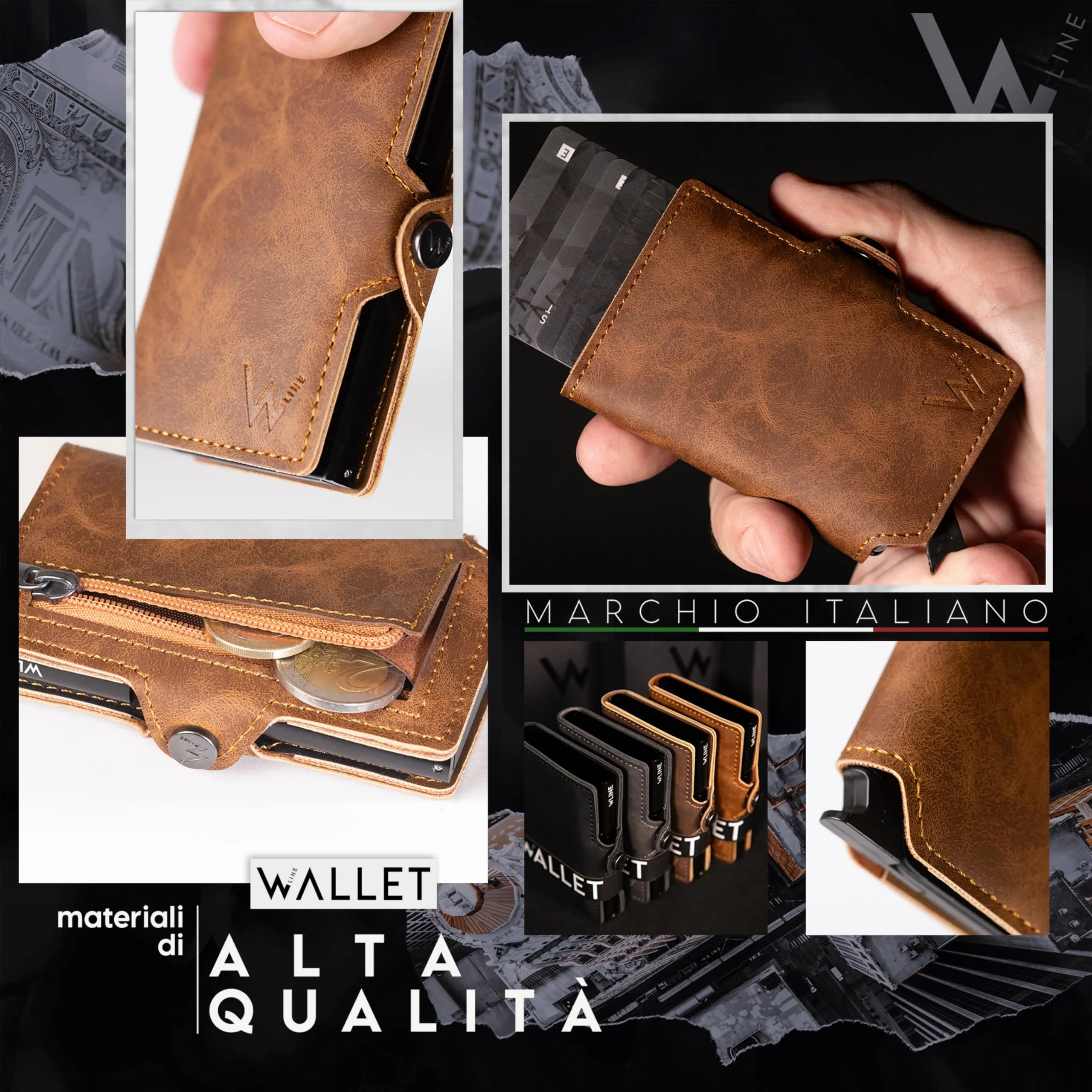 WLine Portafoglio Slim RFID in Pelle PU con Zip, Marrone Chiaro Vintage - immagine 3