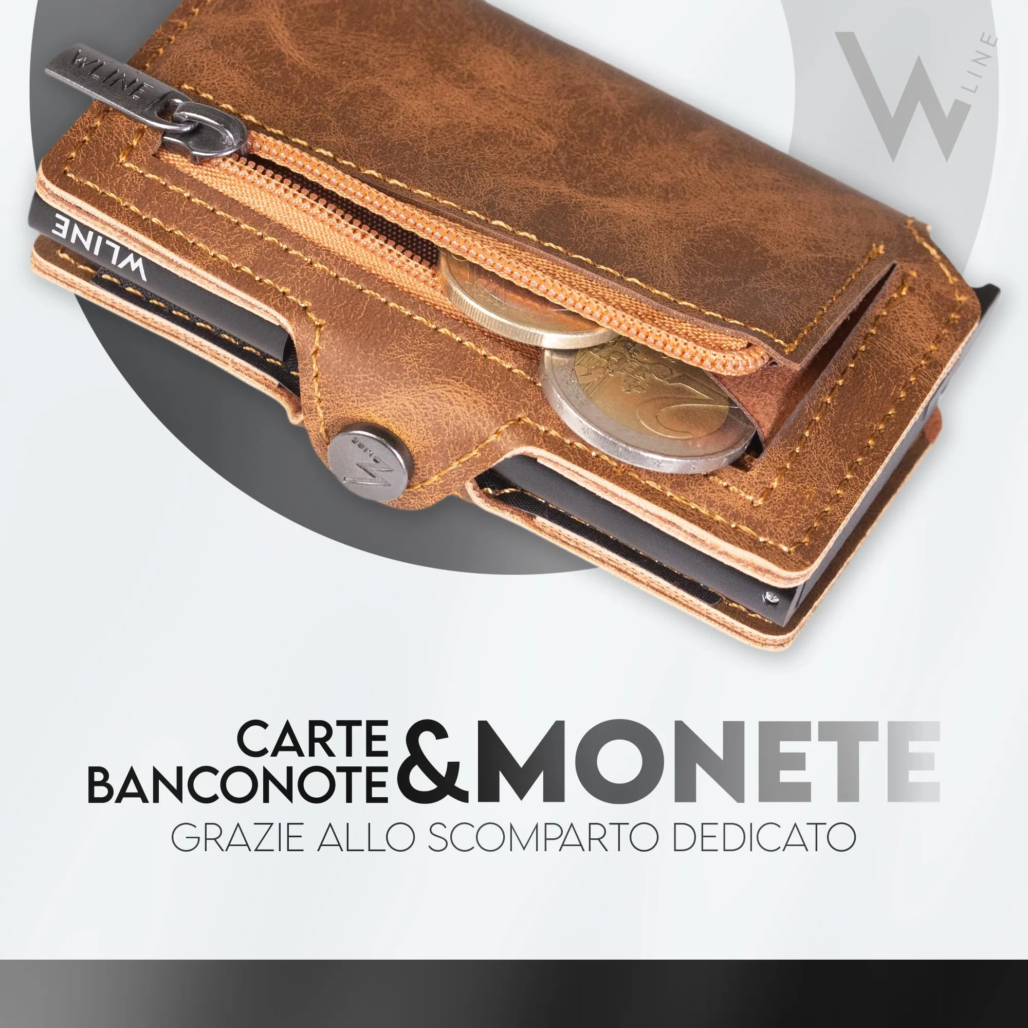 WLine Portafoglio Slim RFID in Pelle PU con Zip, Marrone Chiaro Vintage - immagine 4