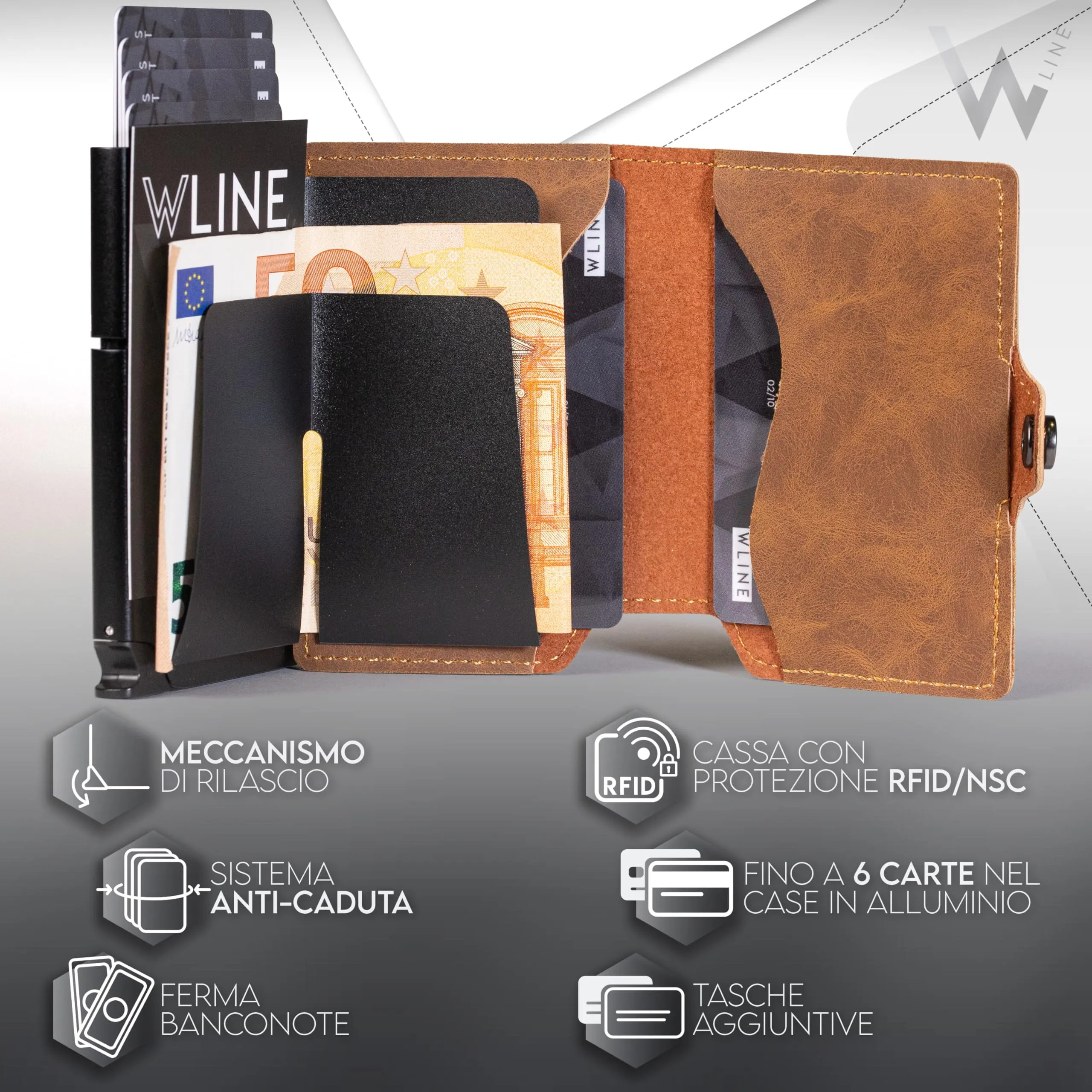 WLine Portafoglio Slim RFID in Pelle PU con Zip, Marrone Chiaro Vintage - immagine 5
