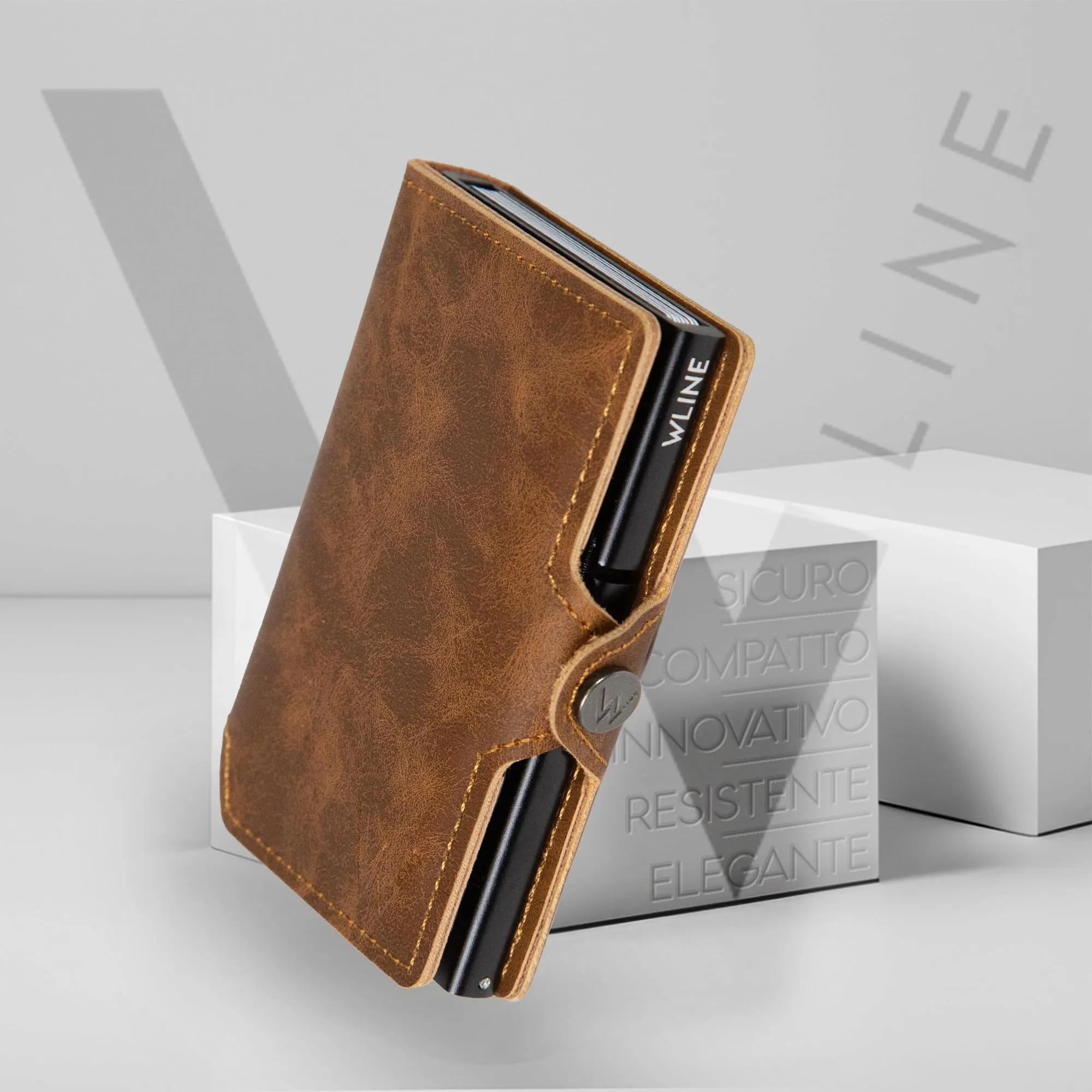 WLine Portafoglio Slim RFID in Pelle PU con Zip, Marrone Chiaro Vintage - immagine 7