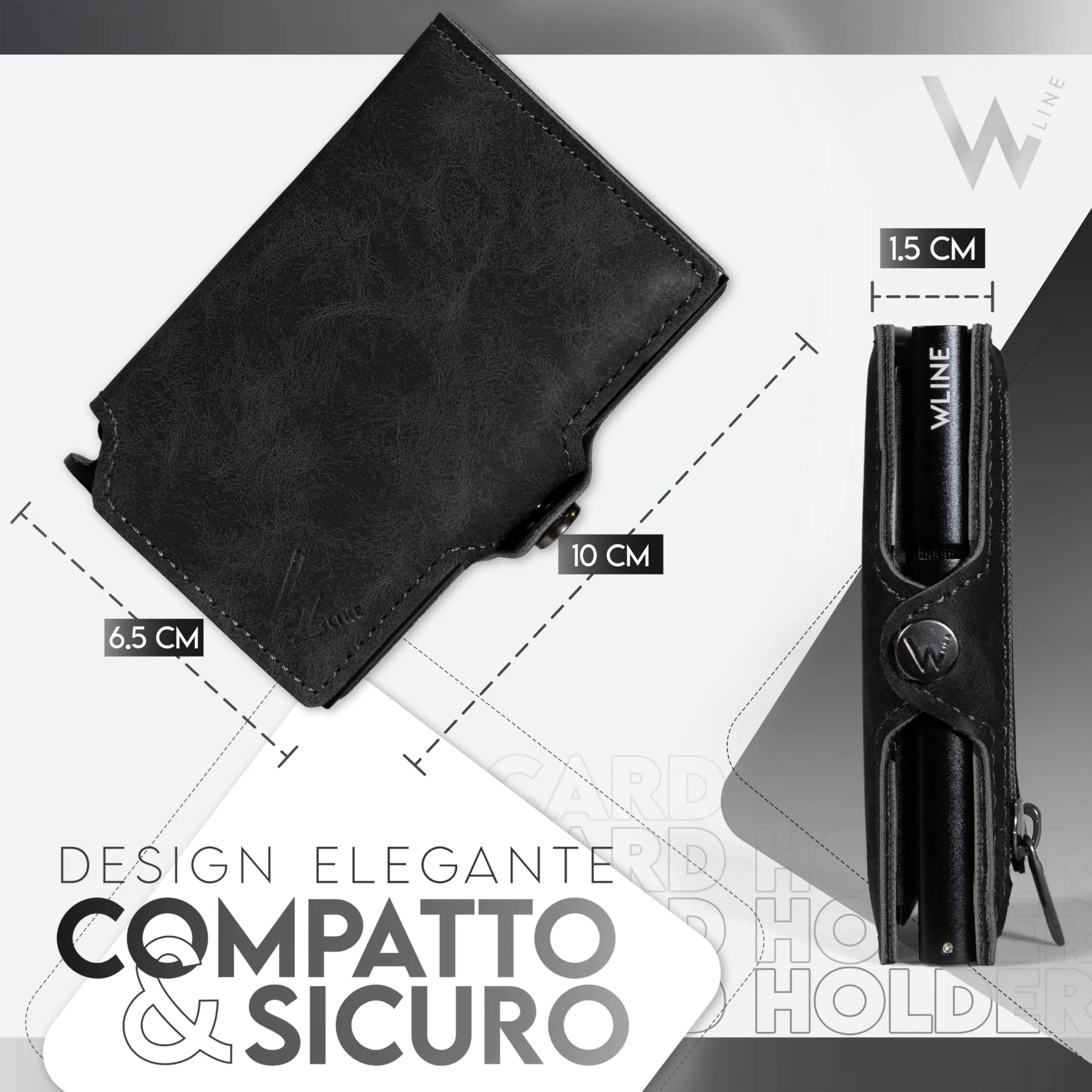 WLine Portafoglio Slim RFID con Zip in Pelle PU, Nero Vintage - immagine 2