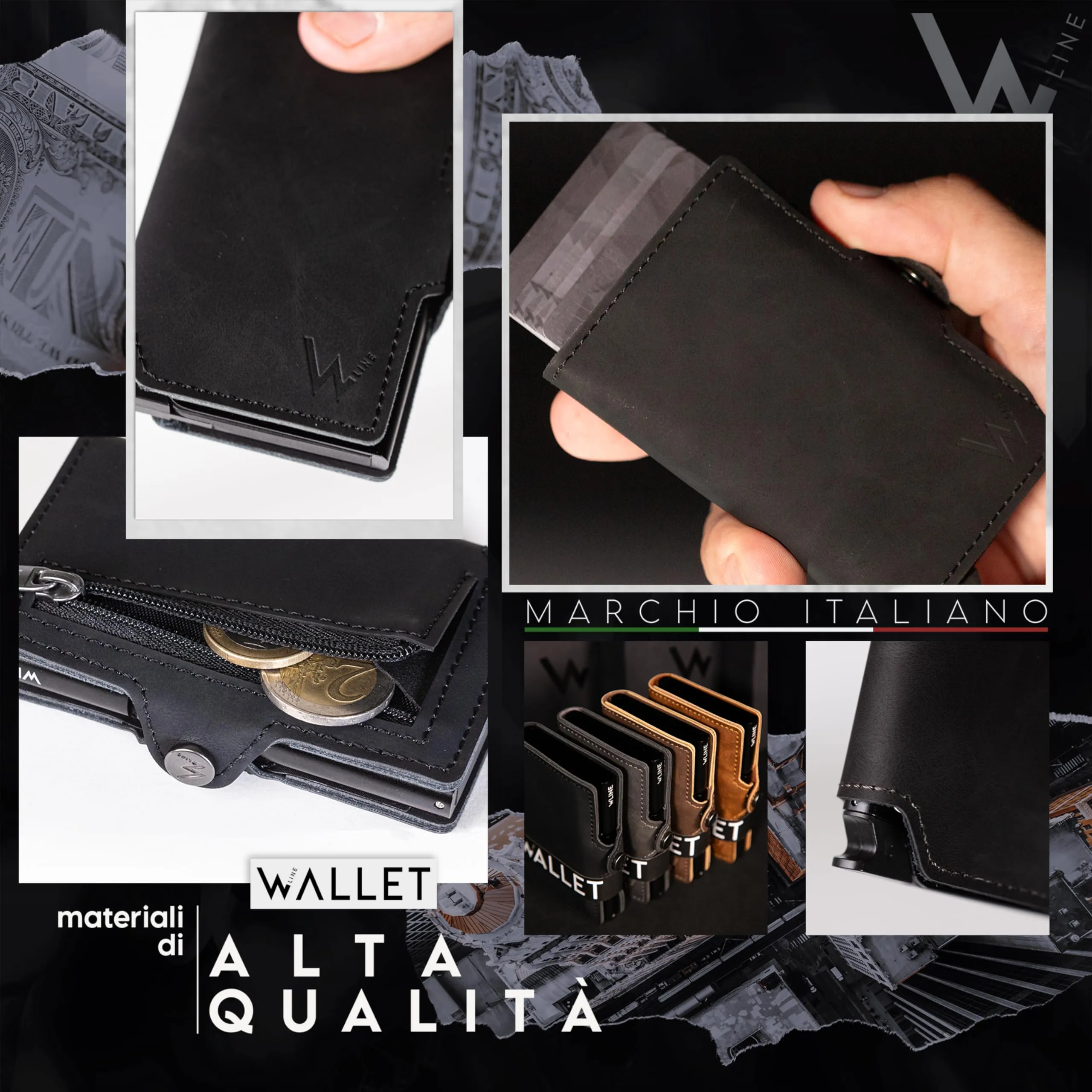 WLine Portafoglio Slim RFID con Zip in Pelle PU, Nero Vintage - immagine 3