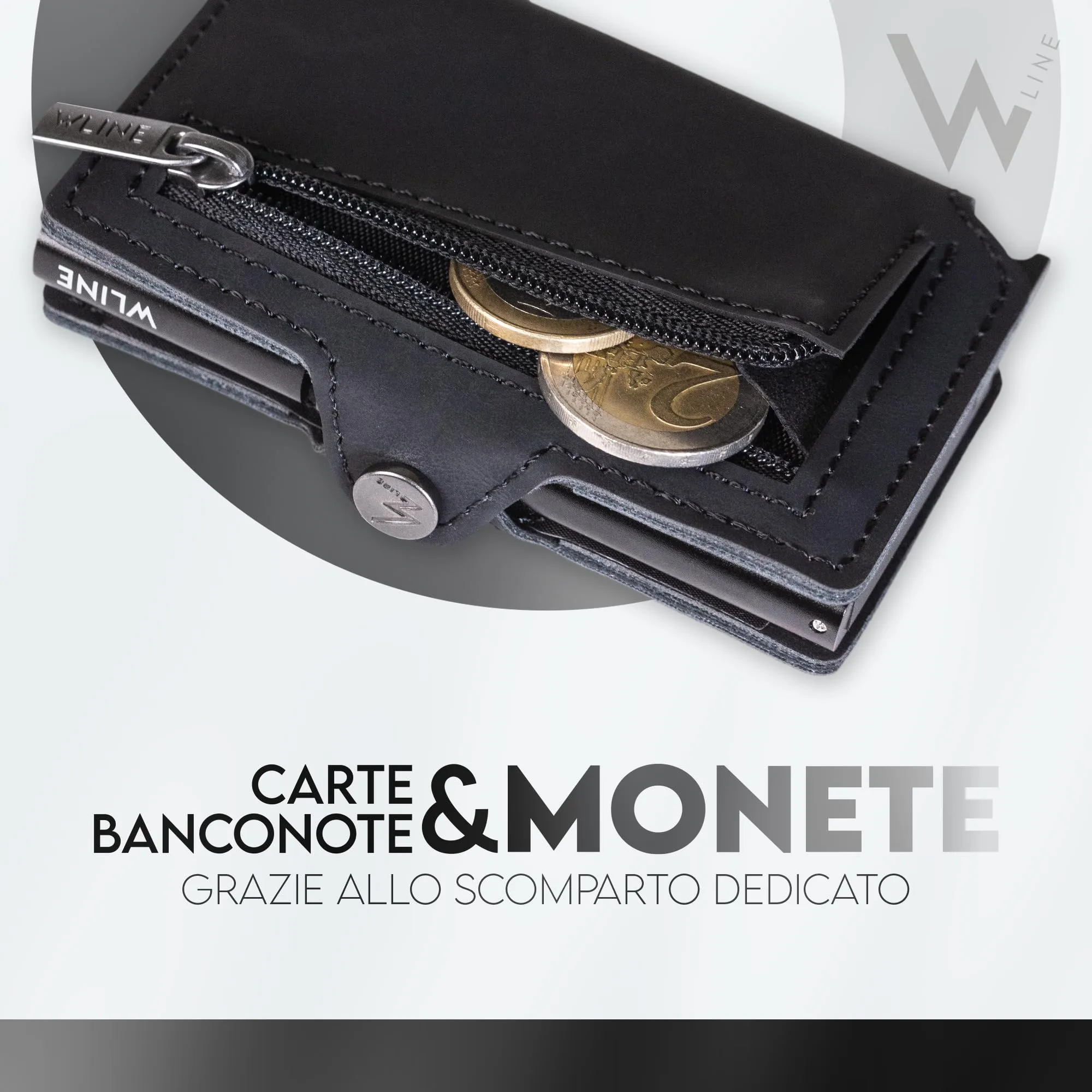 WLine Portafoglio Slim RFID con Zip in Pelle PU, Nero Vintage - immagine 4