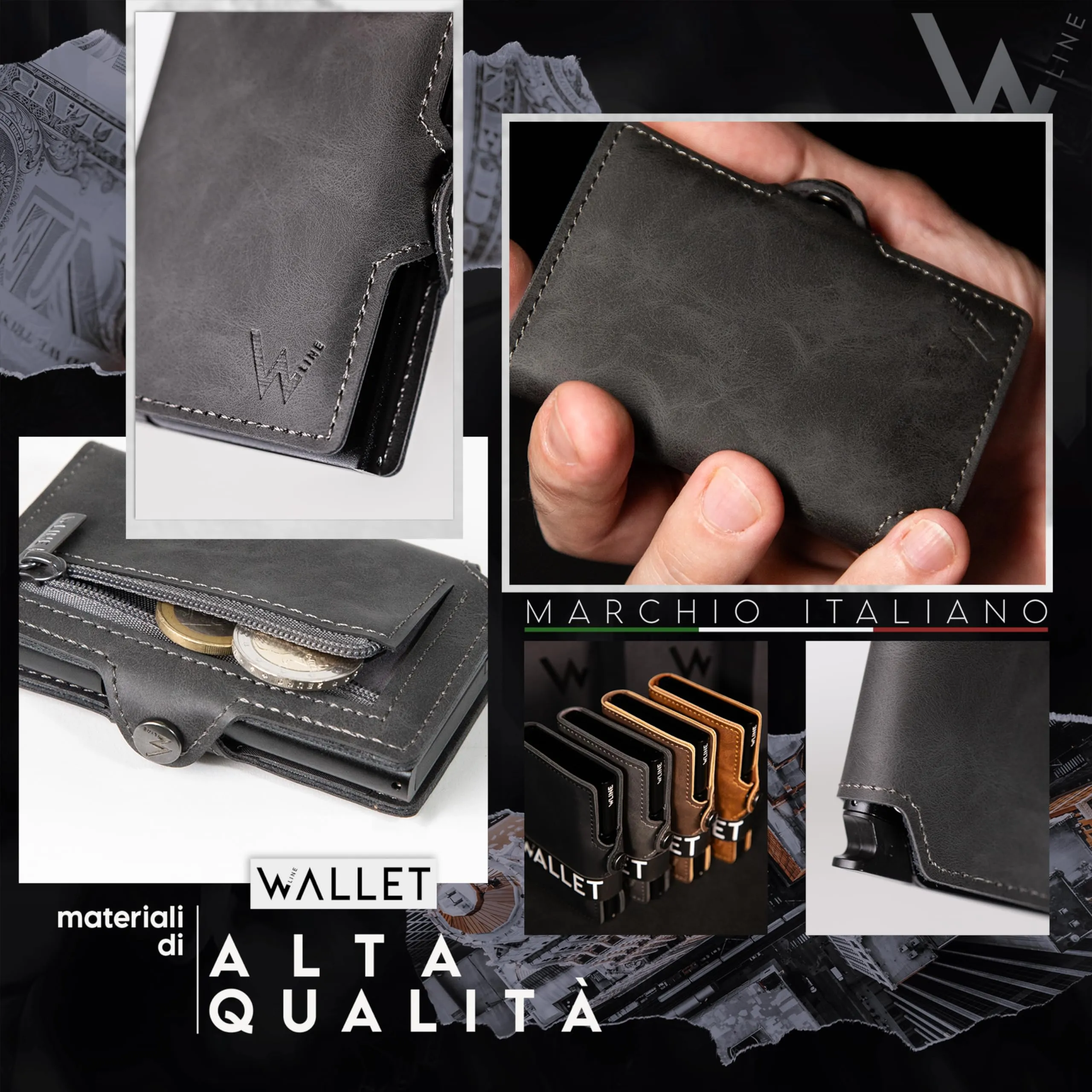 WLine Portafoglio Slim RFID con Portamonete in Pelle PU - Grigio Vintage con Zip - immagine 3