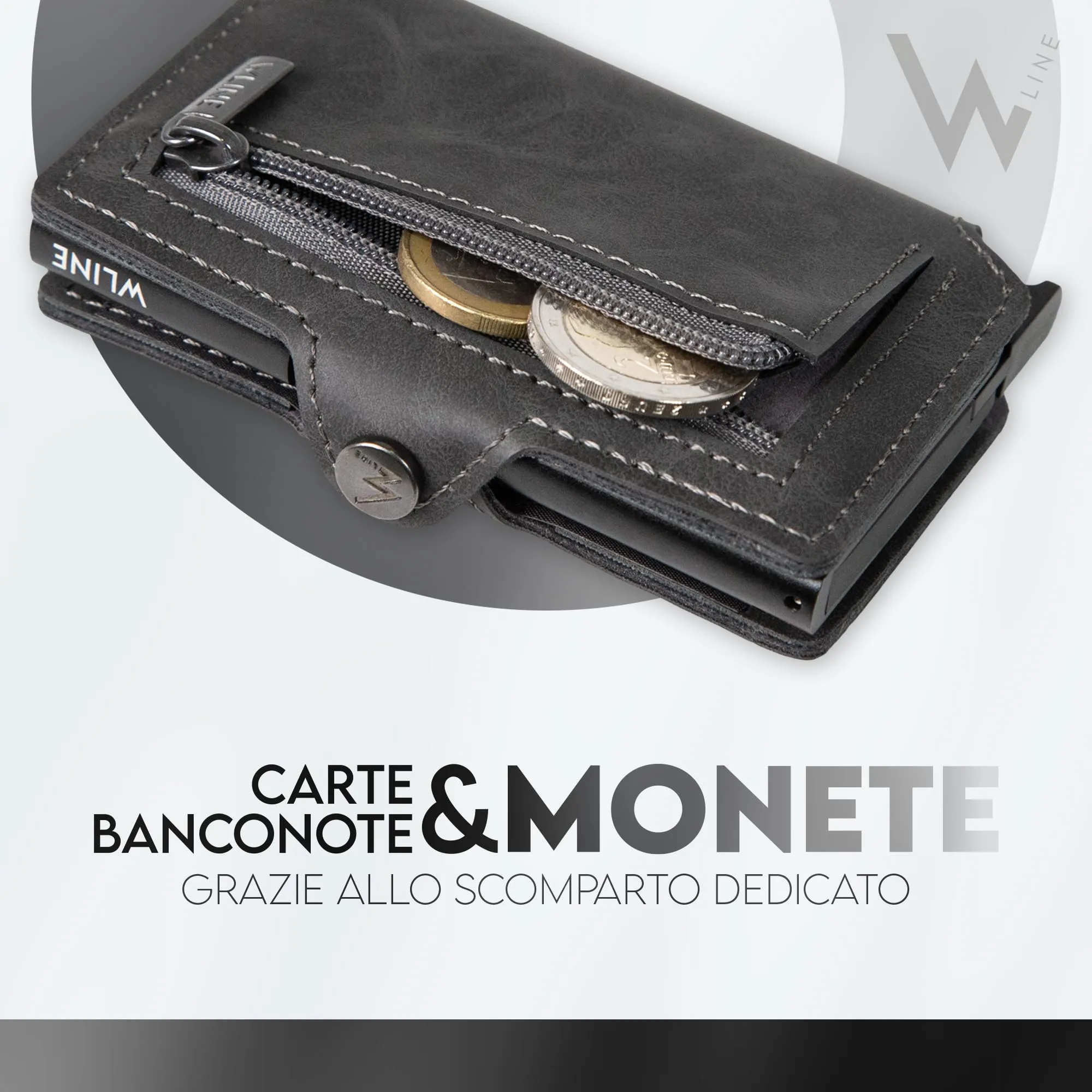 WLine Portafoglio Slim RFID con Portamonete in Pelle PU - Grigio Vintage con Zip - immagine 4