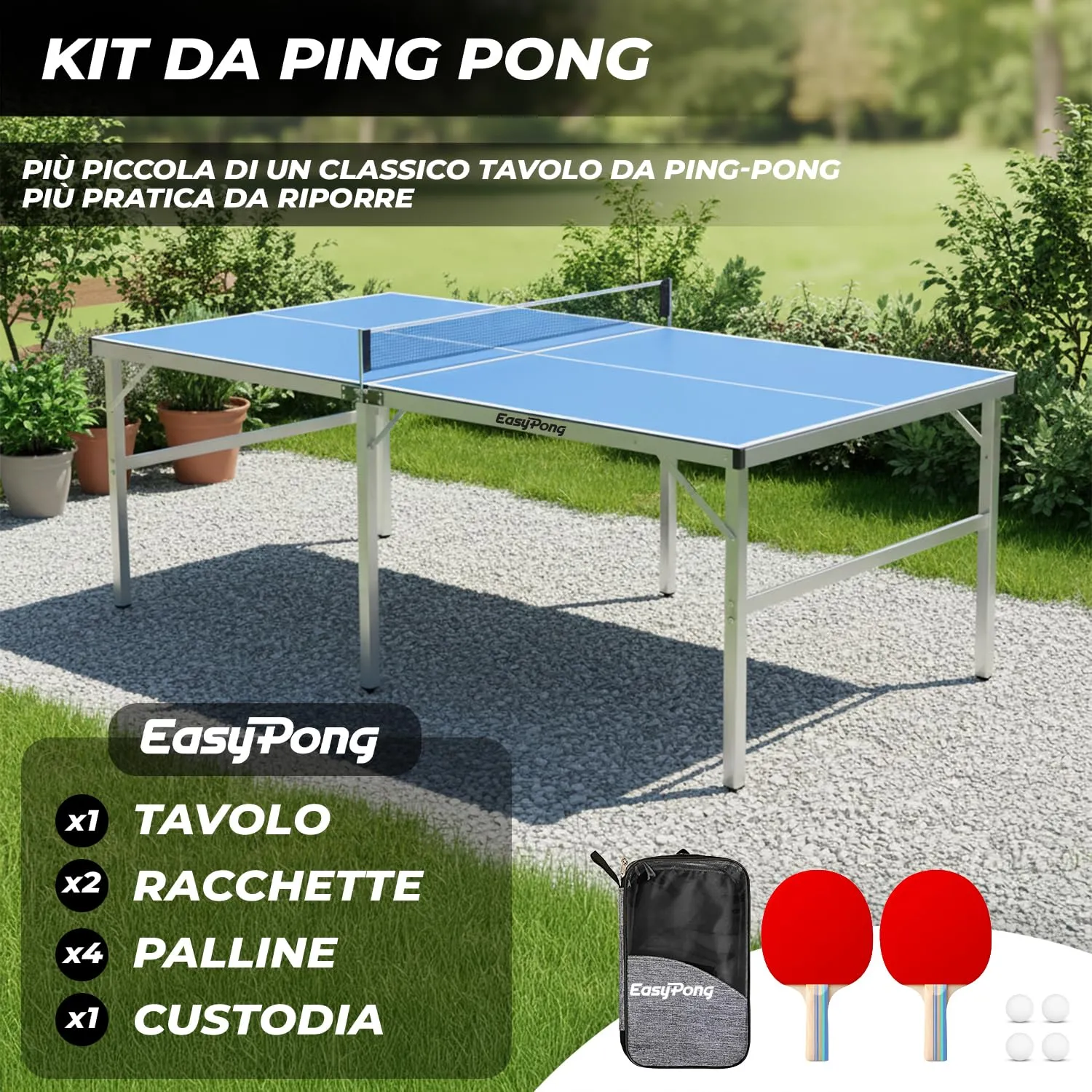 Original Cup EasyPong Mini Tavolo da Ping Pong Blu 182x91cm con 2 Racchette e 4 Palline - immagine 2