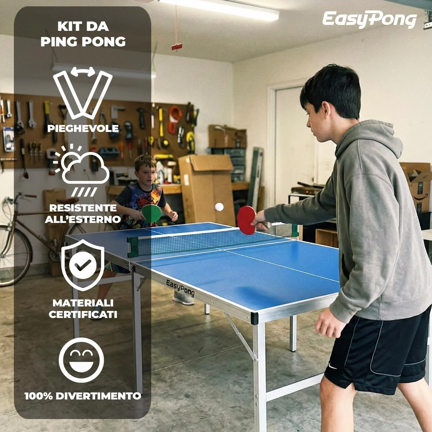 Original Cup EasyPong Mini Tavolo da Ping Pong Blu 182x91cm con 2 Racchette e 4 Palline - immagine 3