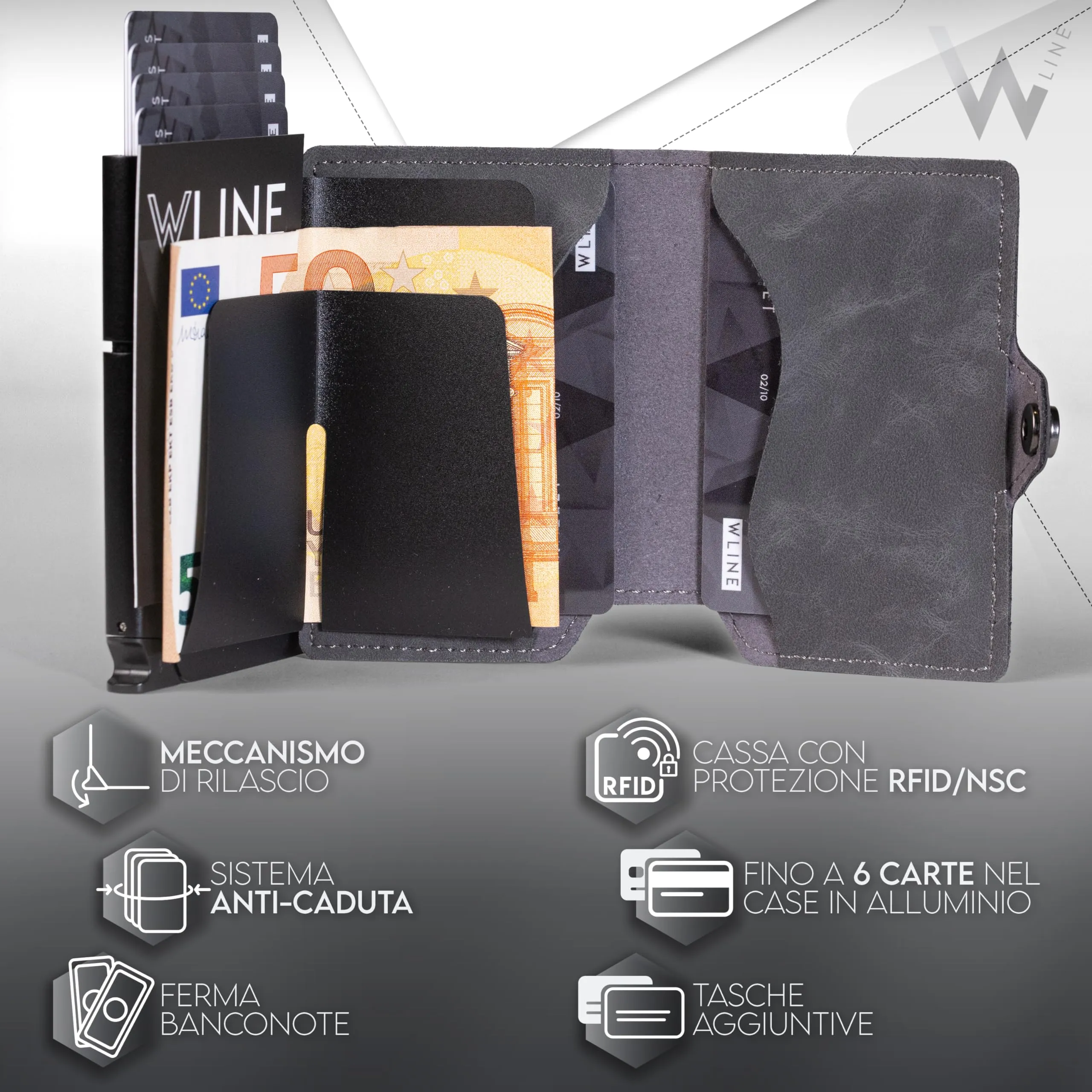 WLine Portafoglio Slim RFID in Pelle PU per Uomo e Donna, Grigio Vintage senza Zip - immagine 4
