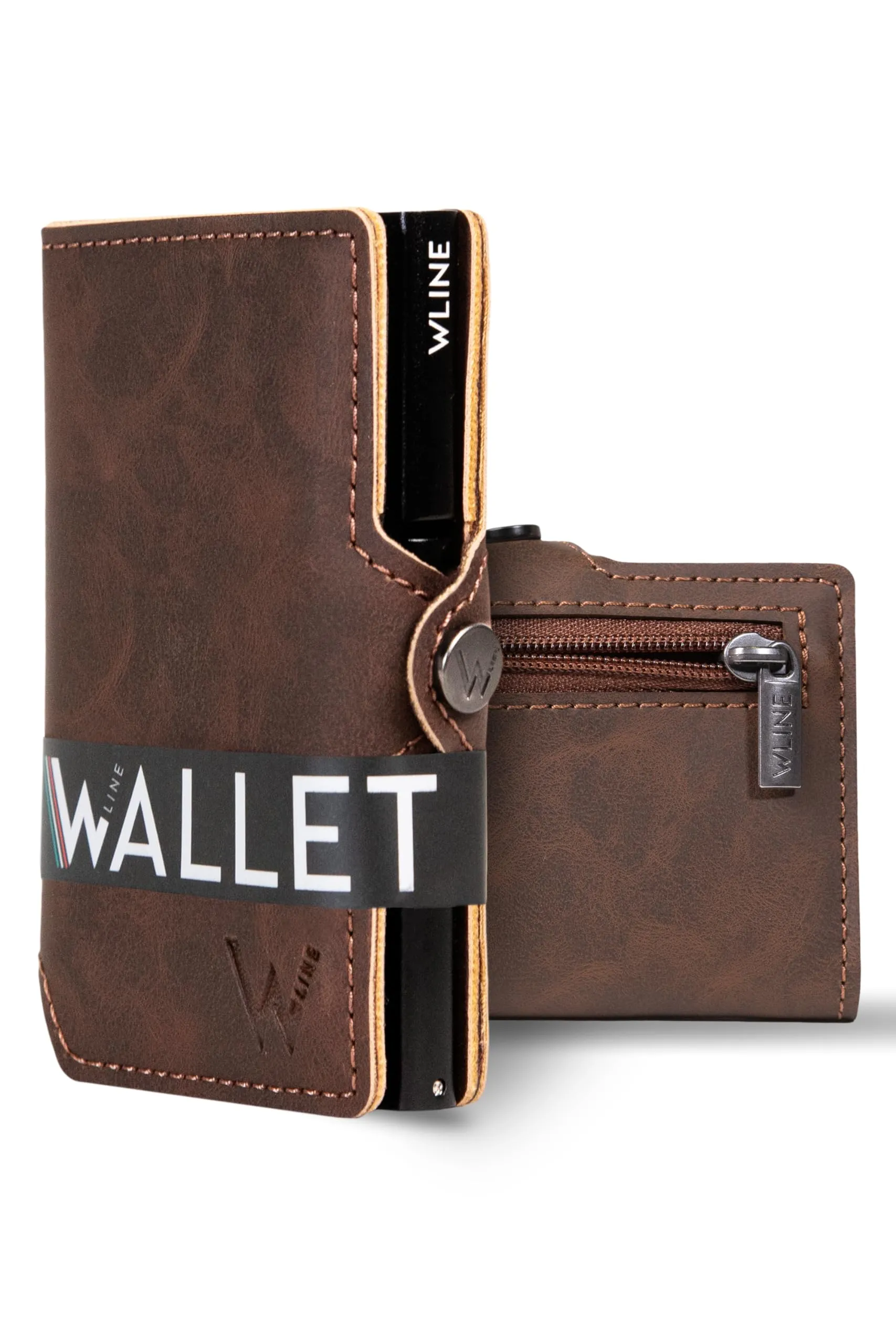 WLine Portafoglio Uomo Slim RFID in Pelle PU con Zip, Marrone Scuro Vintage - immagine 1