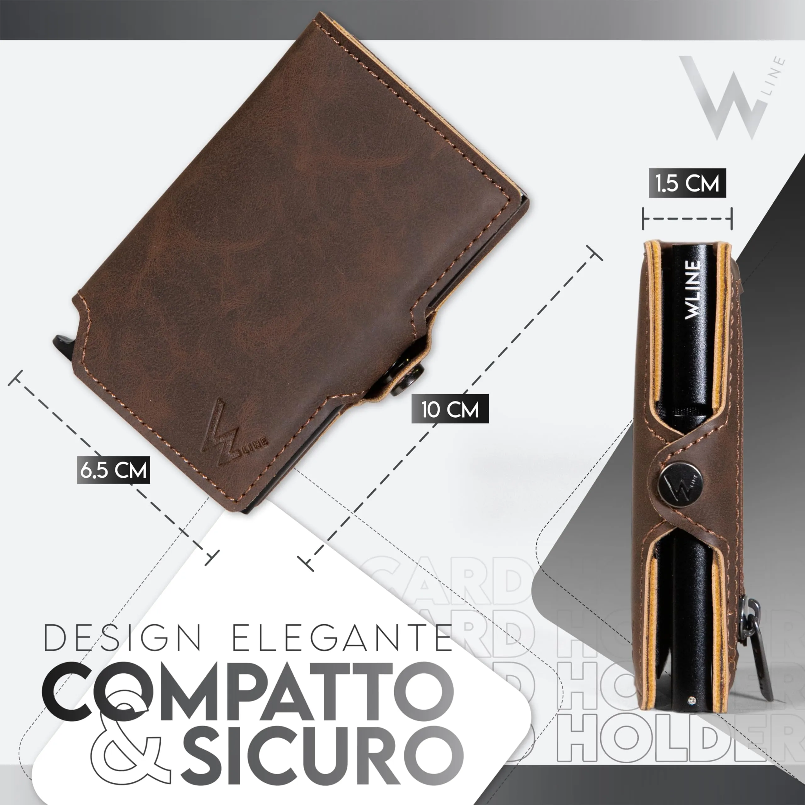 WLine Portafoglio Uomo Slim RFID in Pelle PU con Zip, Marrone Scuro Vintage - immagine 2