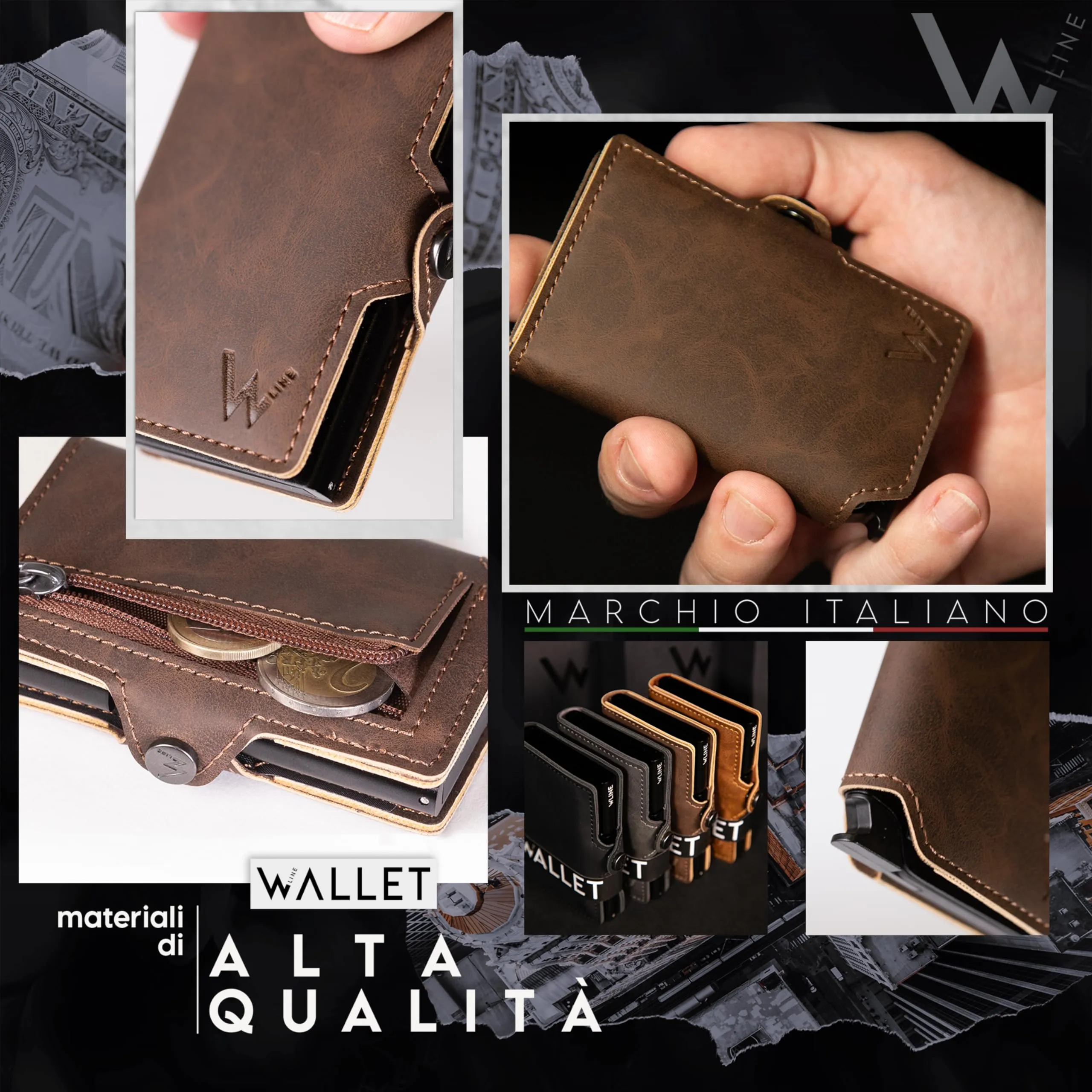 WLine Portafoglio Uomo Slim RFID in Pelle PU con Zip, Marrone Scuro Vintage - immagine 3