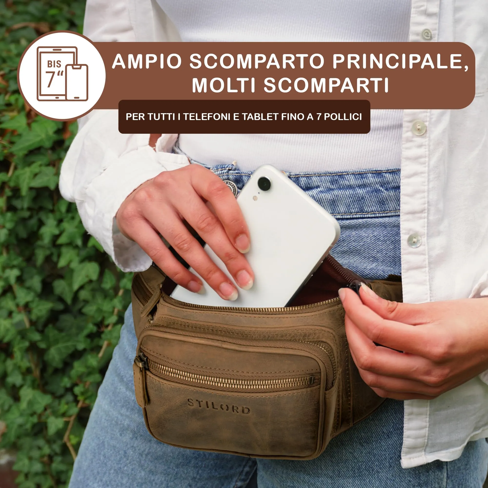 STILORD Caspar Marsupio Cintura in Vera Pelle con 6 Tasche, Marrone Medio - immagine 2